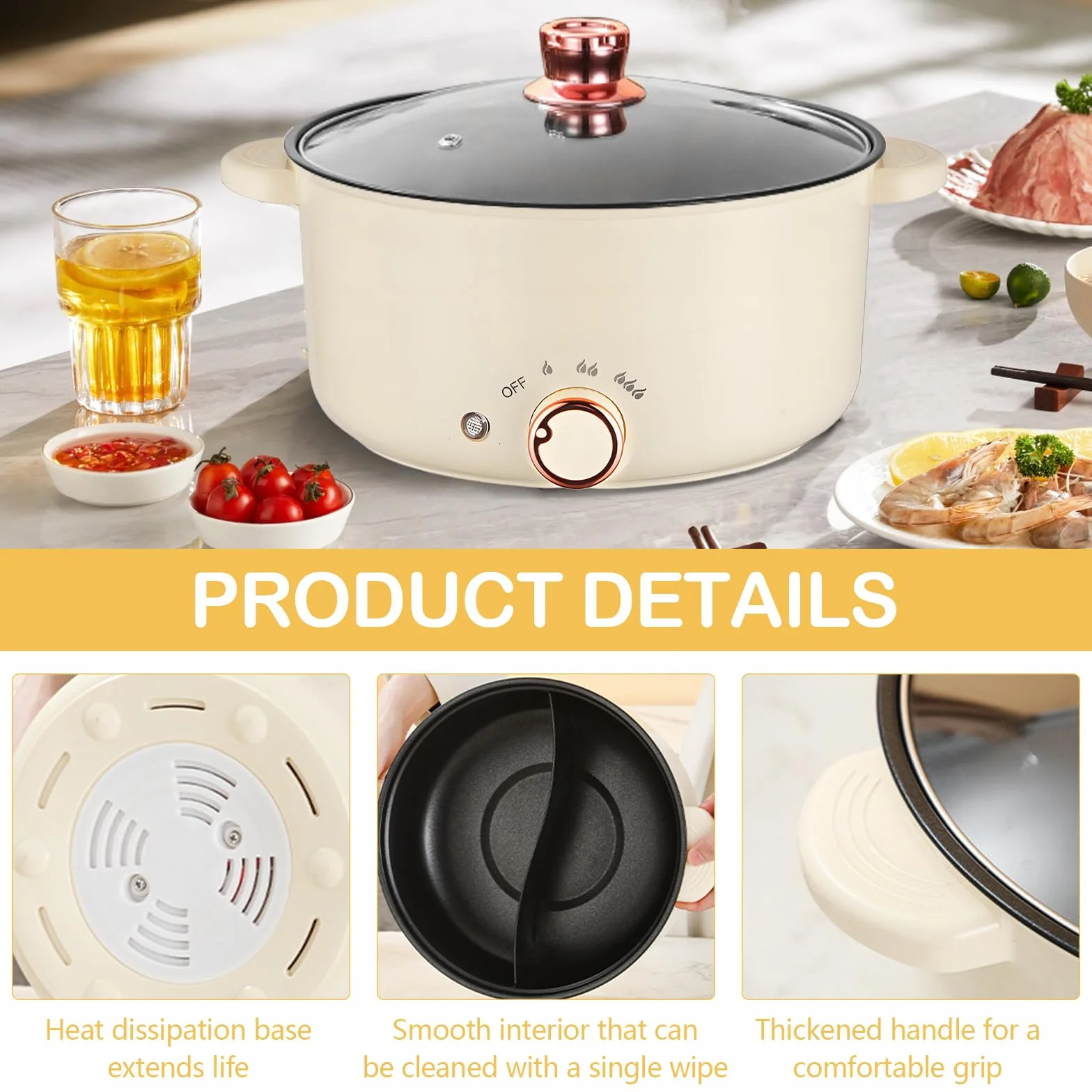 Crockpot Olla Eléctrica 4L 1000W Antiadherente 3 Ajustes Potencia Guisos Sopa Fideos Freír Filetes Saltear Verduras