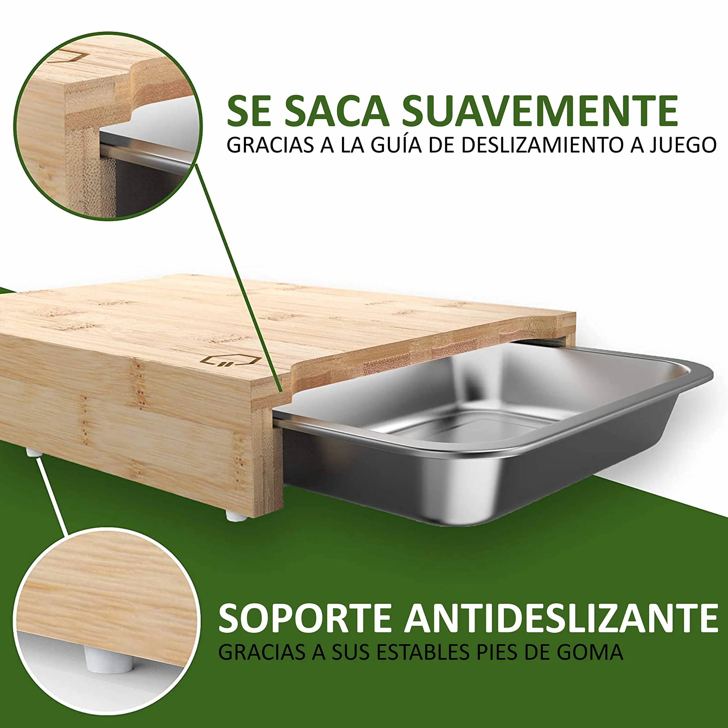 Premium Tabla de cortar con bandejas, bambú con 3 placas de cocción de acero inoxidable, apto para lavavajillas,Tabla de cortar de cocina multifuncional.