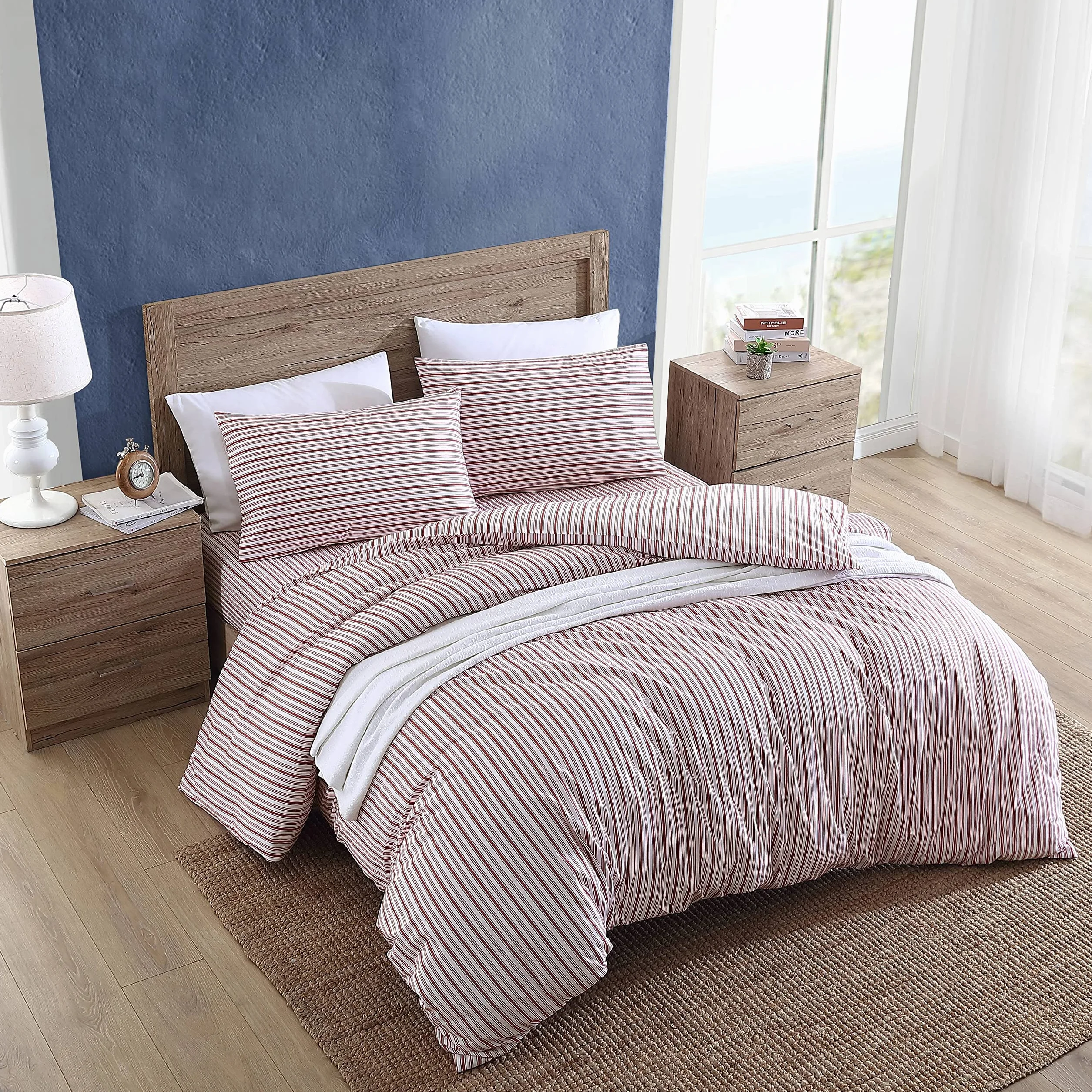 Nautica - Funda de edredón tamaño Queen, Ropa de Cama Reversible de algodón con Cierre de botón, decoración Casual del hogar para Todas Las Estaciones (Coleridge Stripe Red, Queen)