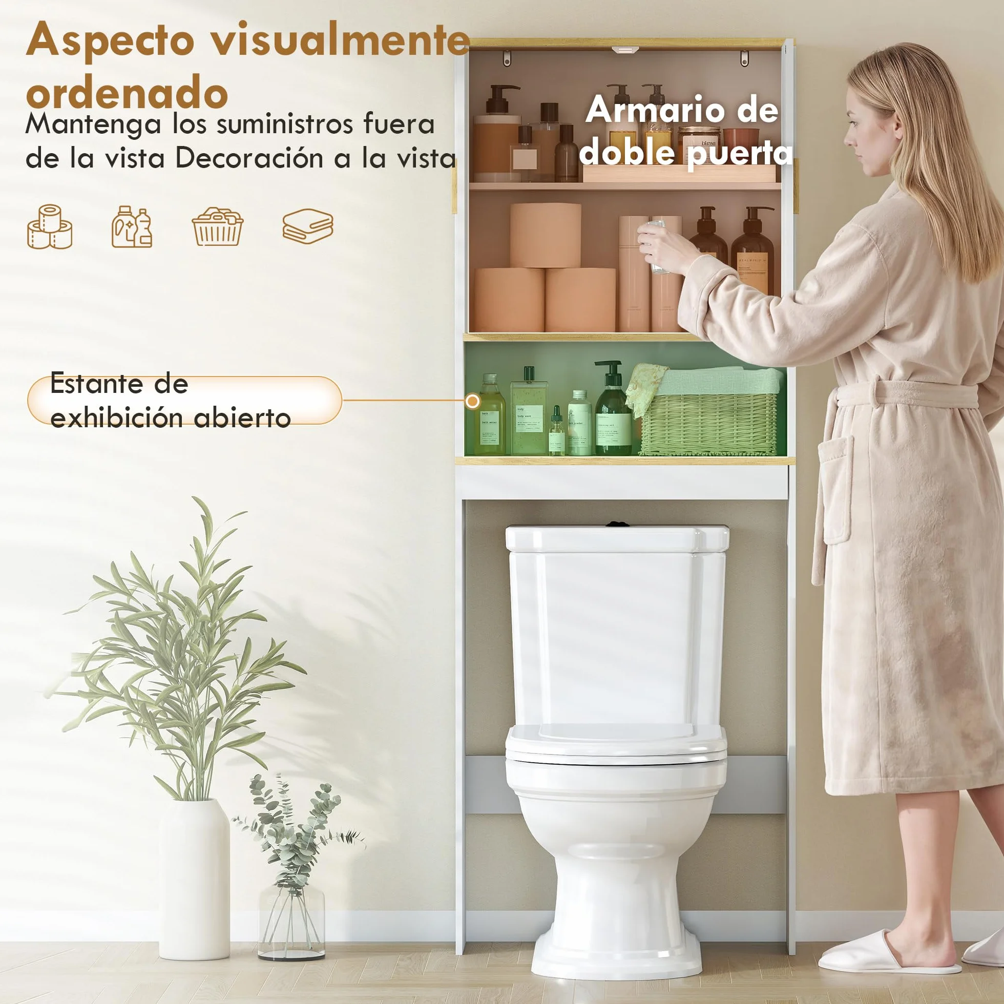 HOMCOM Estantería para Baño sobre Inodoro, Mueble Organizador de Baño de 3 Niveles con Estante Abierto, 2 Puertas y Estante Ajustable, 64x20x170,5 cm, Blanco