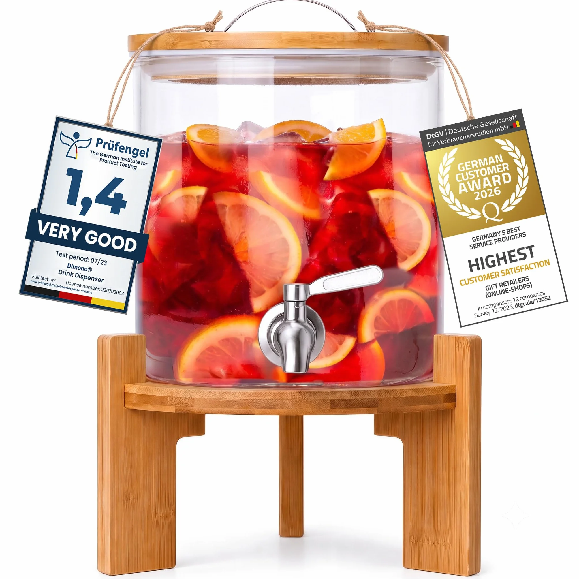 Dispensador de bebidas con grifo antigoteo de acero inoxidable Dispensador de agua de vidrio con soporte y tapa de bambú Dispensador de limonada de vidrio borosilicato resistente al calor (5 litros)