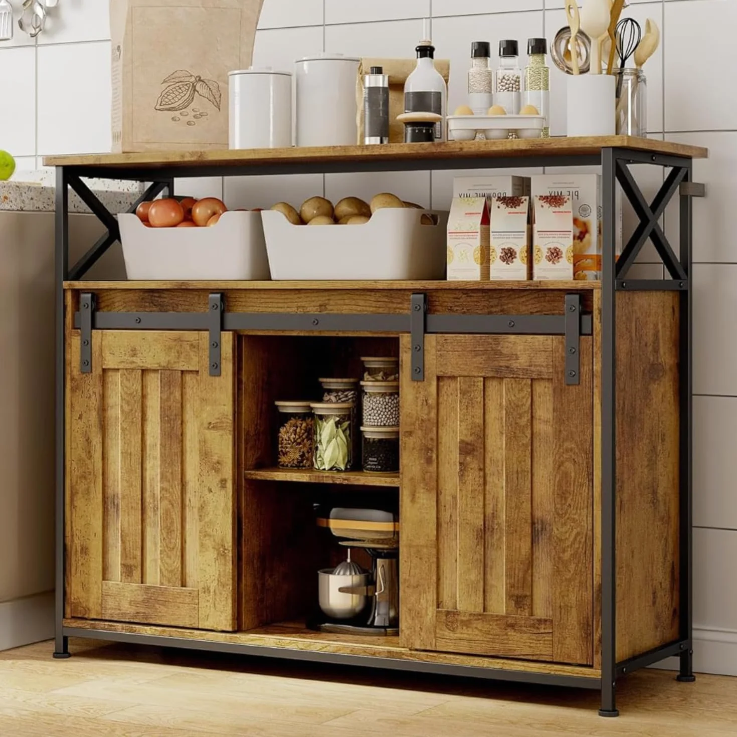 Aparador de Cocina con 2 Puertas Correderas, Mueble de Almacenamiento con Estantes Ajustables, 100 x 33 x 80 cm, para Salón, Cocina y Pasillo (Retro)