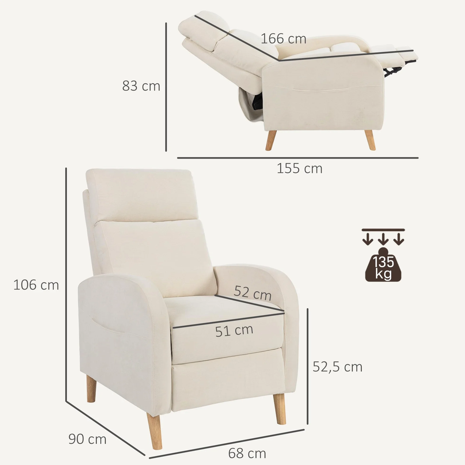 HOMCOM Sillón Relax Reclinable Manual Sillón Relax Tapizado en Lino Sintético con Reposapiés y Bolsillo Lateral Carga 135 kg Sillón Reclinable para Dormitorio Oficina Crema