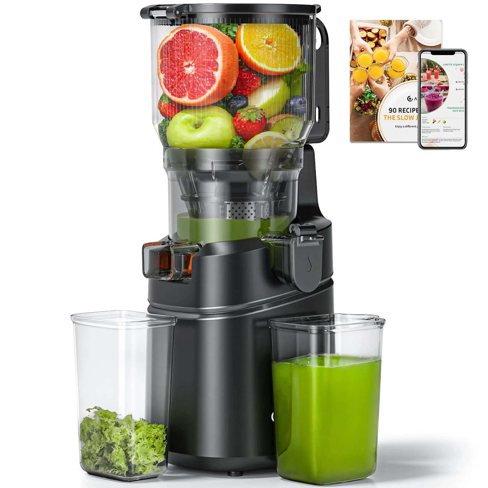 AMZCHEF Extractor de Zumo Automático Multifuncional de 250W, 150MM de Apertura, Exprimidor de Frutas y Verduras de 2 Litros con Triple Filtro - Negro