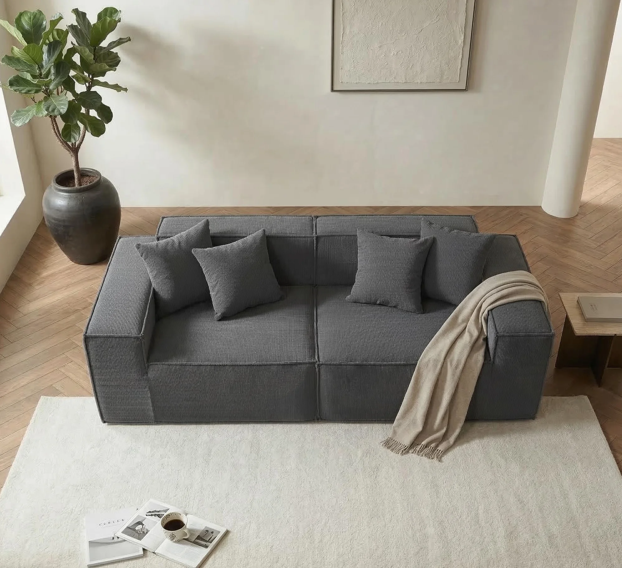 Sofá Cube Modular Espuma Comprimida al vacío envío en Caja Sin Montaje (Pana Gris, Sofá 2 Piezas)