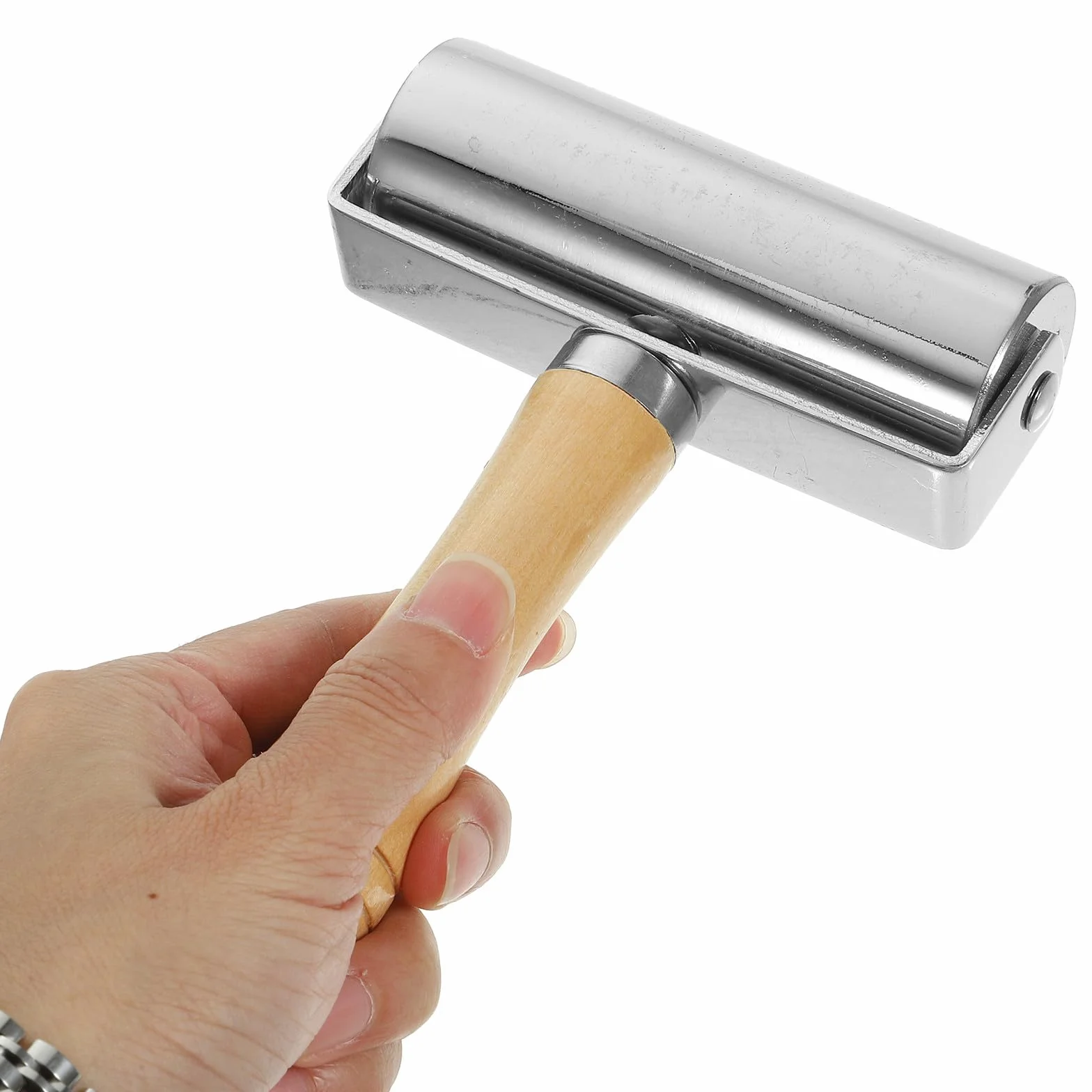 Rodillo de masa premium con mango de madera y rueda de acero inoxidable, herramienta de hornear sin esfuerzo para pizza, pastelería y cocina, bordes lisos para prensado uniforme de la masa