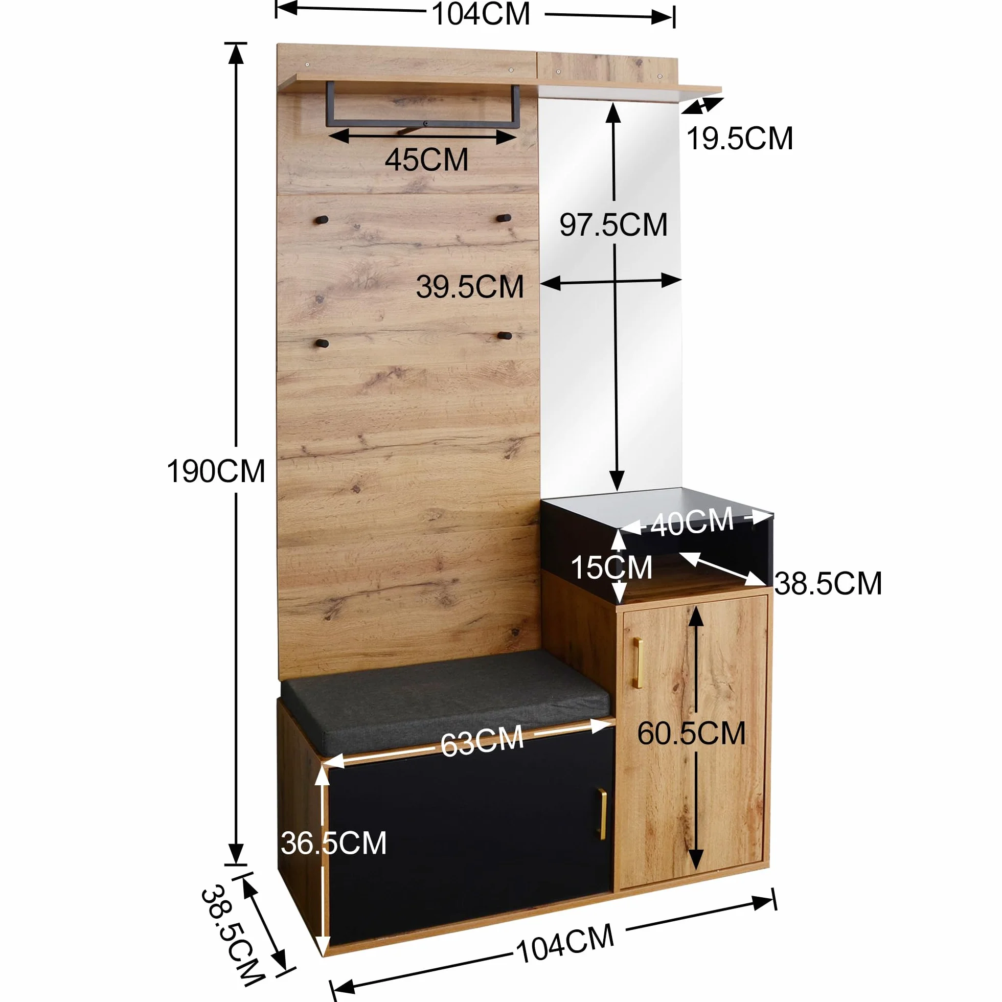 Juego de perchero con 4 ganchos, espejo, zapatero, perchero de pared, estante superior (se requiere taladrar y perforar agujeros en la pared)