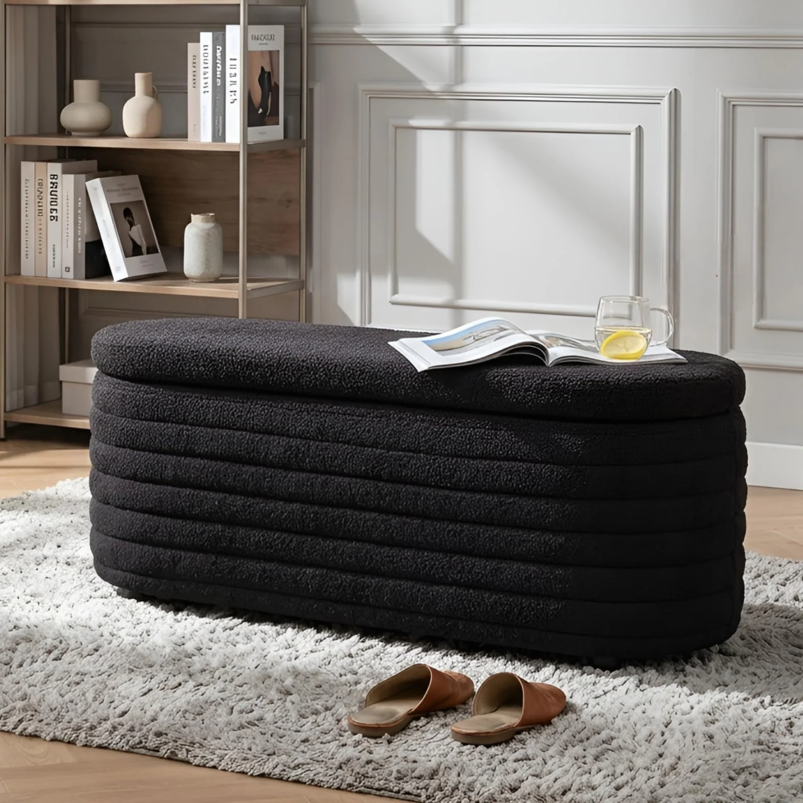 Ya-Home Banco con Almacenamiento de Piel Sintética Negro, Baúl Zapatero Multifuncional con Cojín Acolchado, Asiento para el Pie de la Cama, Recibidor, Salón – hasta 300 lbs de Carga, 115 cm