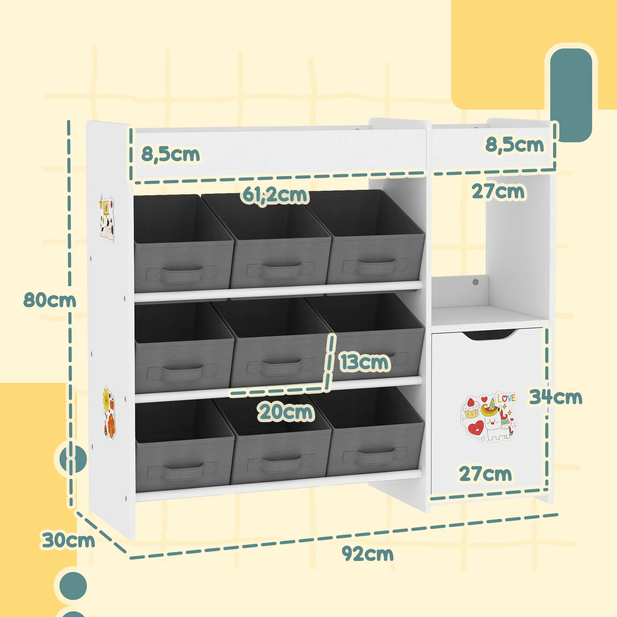 AIYAPLAY Estantería para Juguetes para Niños Organizador Infantil Montessori con 9 Cestas Extraíbles Compartimentos y Láminas de Pegatinas para Guardería Sala de Juegos 92x30x80 cm Blanco