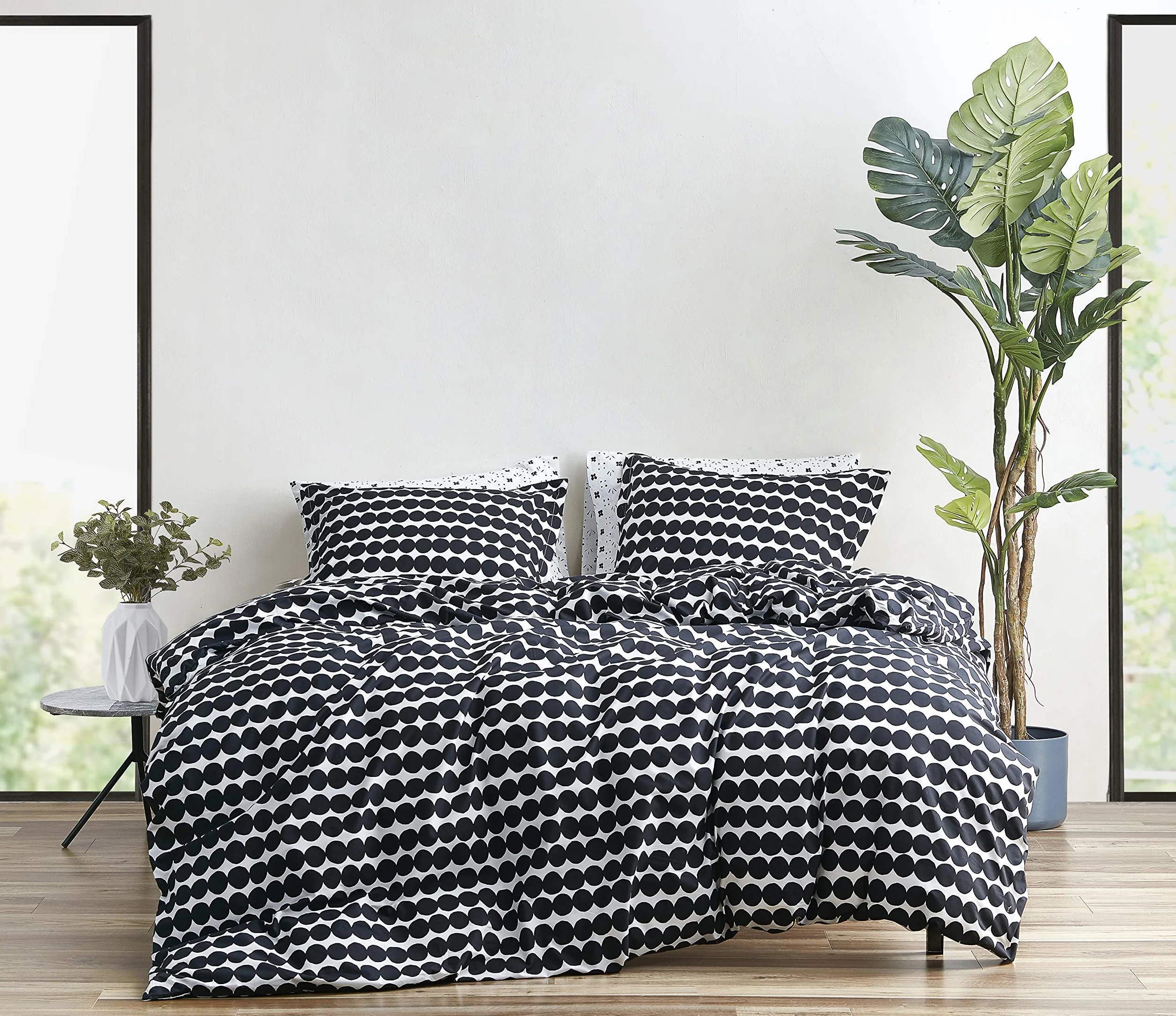 Marimekko - Juego de Funda de edredón tamaño King, Ropa de Cama de algodón con Fundas a Juego y Cierre de botón, decoración del hogar para Todas Las Estaciones (Color Negro asymatto, King)