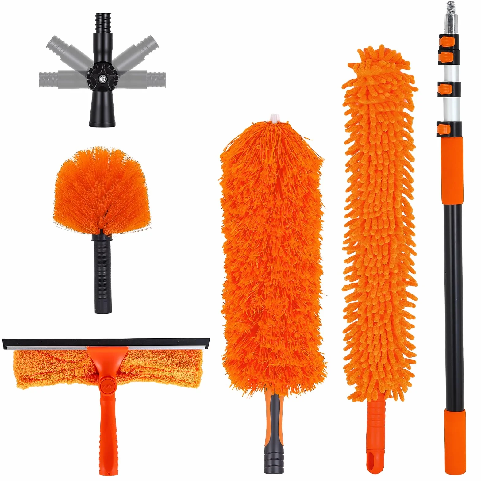 Kit de Limpieza telescópico 3,6 m, Plumero 4 en 1 con limpiacristales | Limpieza en altura, Kit 4 en 1, Mango telescópico, Cabezales lavables, Para techos y ventanas