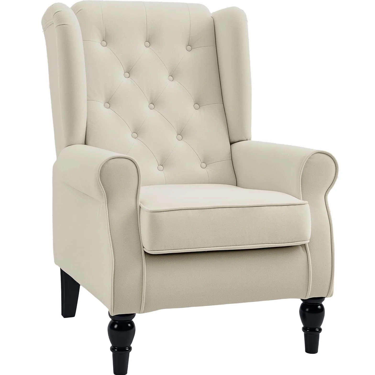 HOMCOM Sillón Orejero Moderno, Butaca de Salón con Reposabrazos y Patas de Madera, Sofá Individual Carga 160 kg para Oficina, Sala de Estar y Dormitorio, Crema