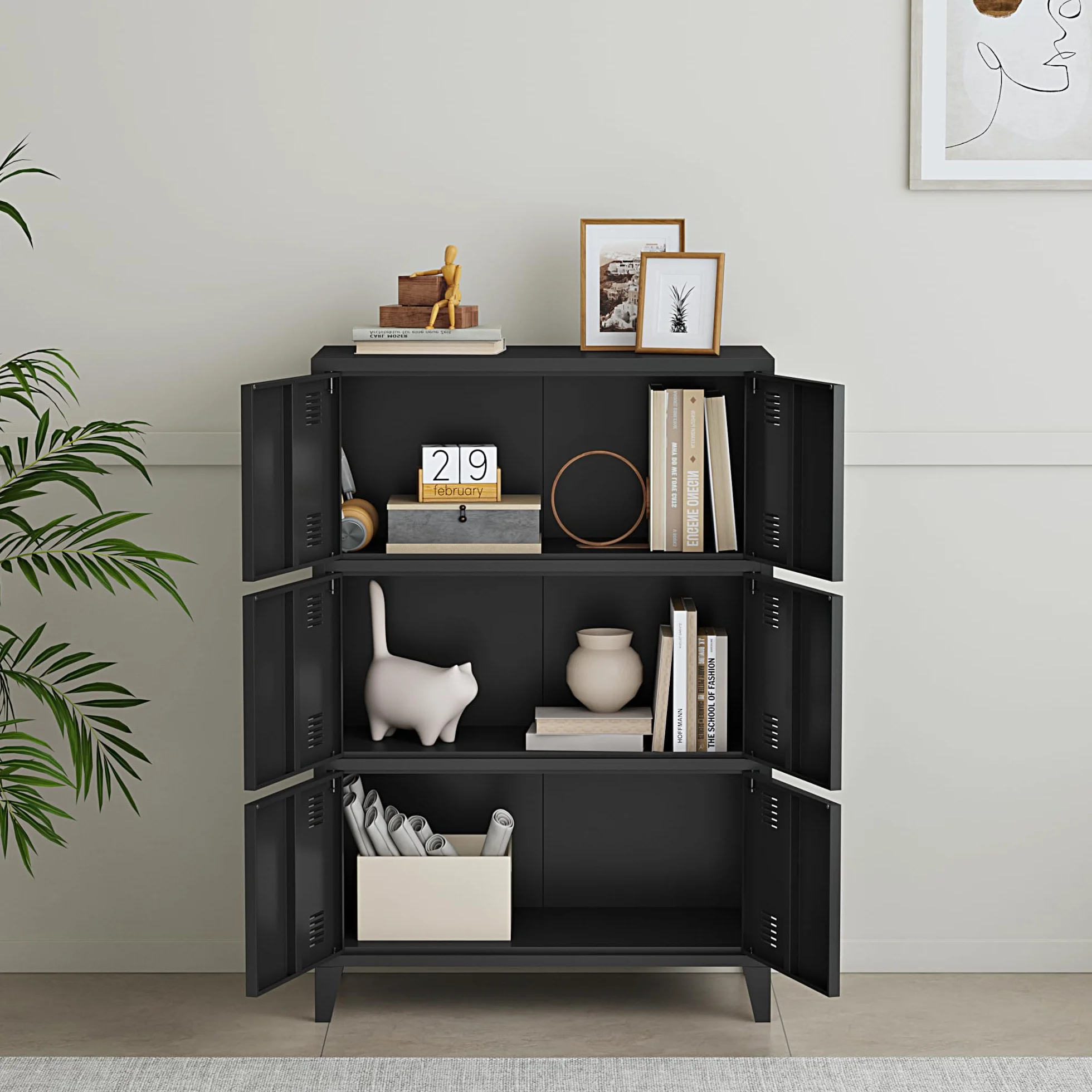 [en.casa] Armario de Oficina Mueble de Oficina Archivador de Estudio con 2 Estantes con 6 Puertas Ranuras de Ventilación Acero 113 x 80 x 40 cm - Negro