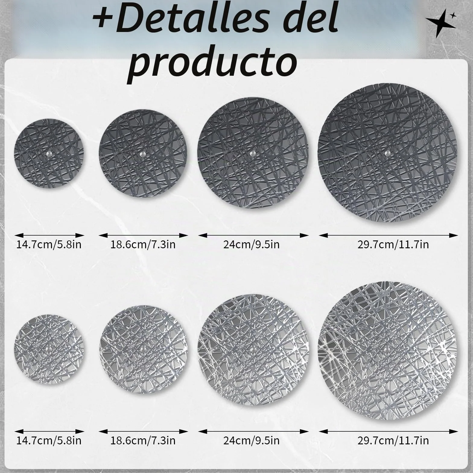 DETENE pared redonda metal Decoración,pared boho Metal redondo | 8 piezas con 4 tamaños, plateado y azul, esculturas colgantes modernas para salón, oficina, apartamento, baño