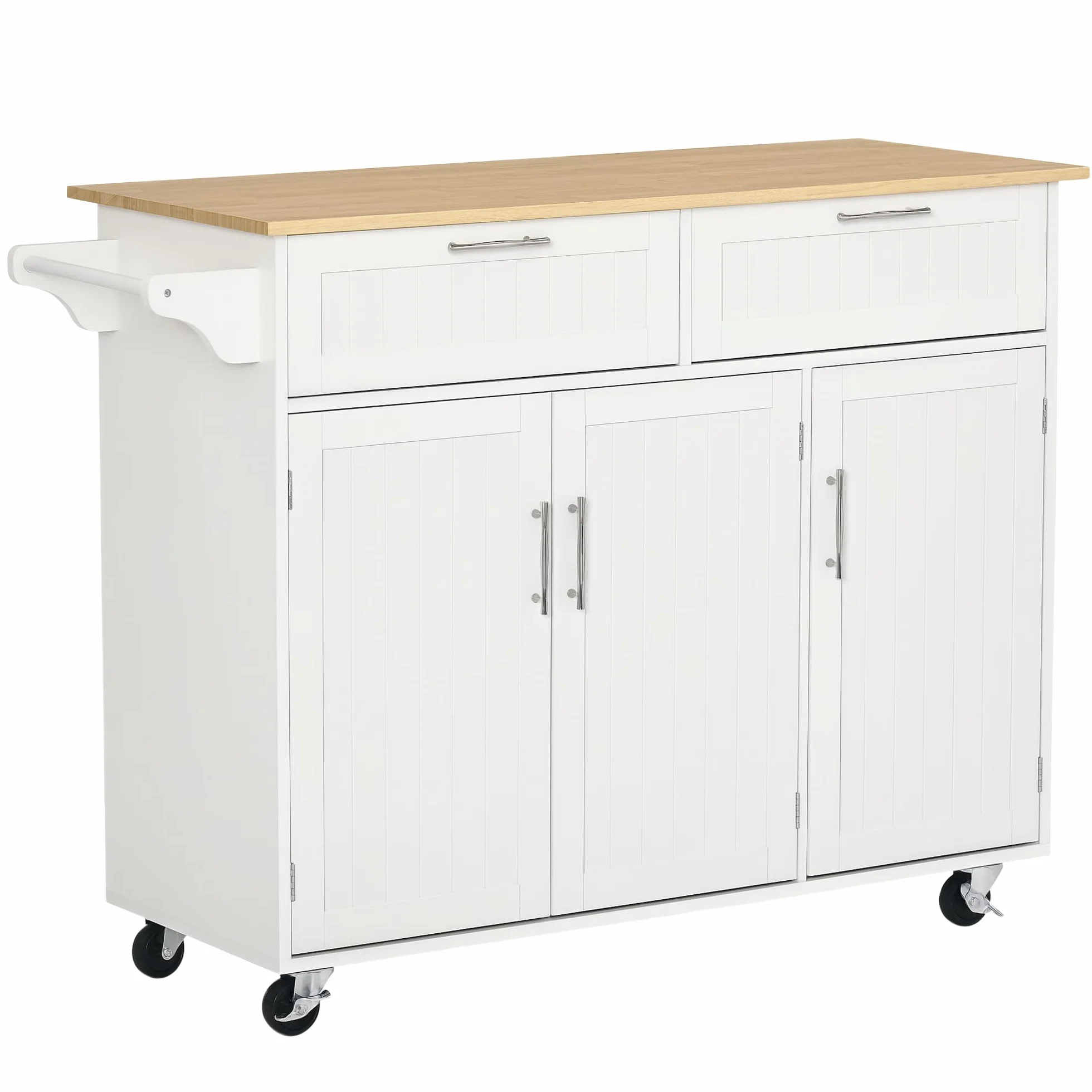 HOMCOM Isla de Cocina con Ruedas Carro de Cocina Mueble Auxiliar de Cocina con 2 Cajones 3 Puertas y Barra Lateral para Comedor 121x46x91 cm Roble y Blanco