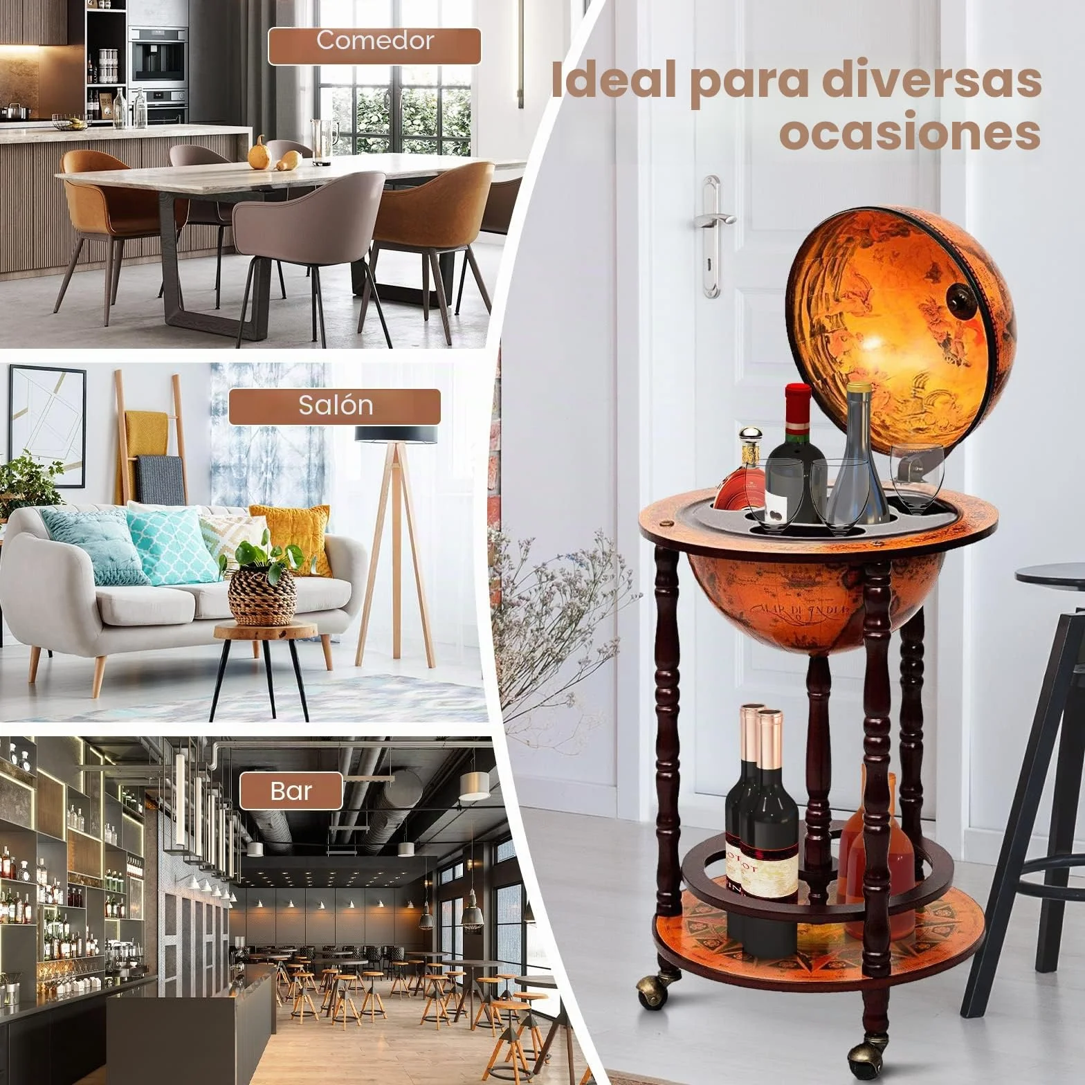 KOMFOTTEU Botellero Bar Globo Terráqueo con Ruedas, Soporte para Botellas de 2 Niveles, Carrito de Bar de Madera, Mueble Minibar para Bebidas, para Restaurante, Fiesta (Marrón, 45 x 45 x 88 cm)