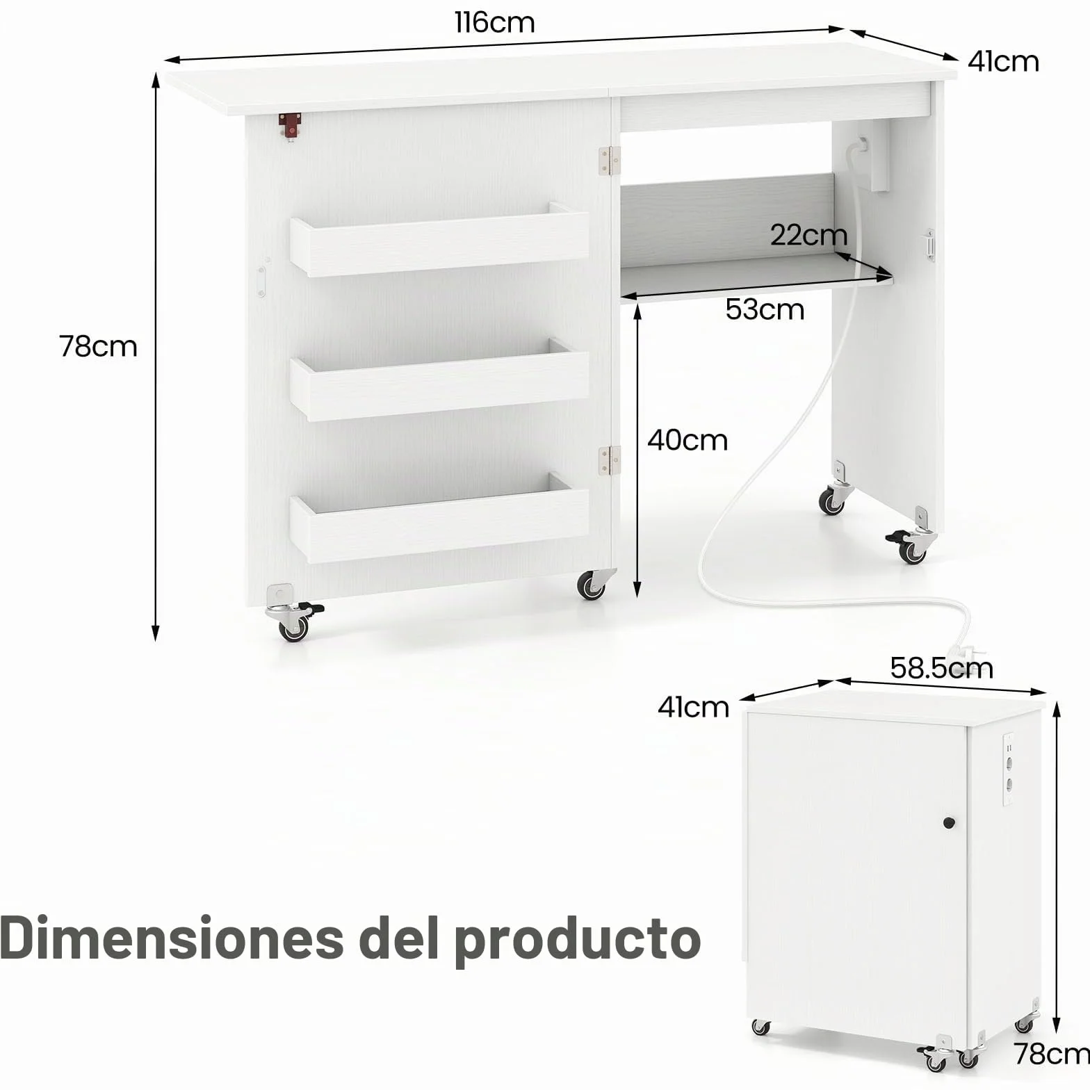 LIFEZEAL Mesa de Coser Plegable con Base de Carga, Armario de Máquina de Coser Móvil con Estante y Cajones, Armario de Costura Multifuncional con Ruedas para el Hogar y la Oficina (Blanco)