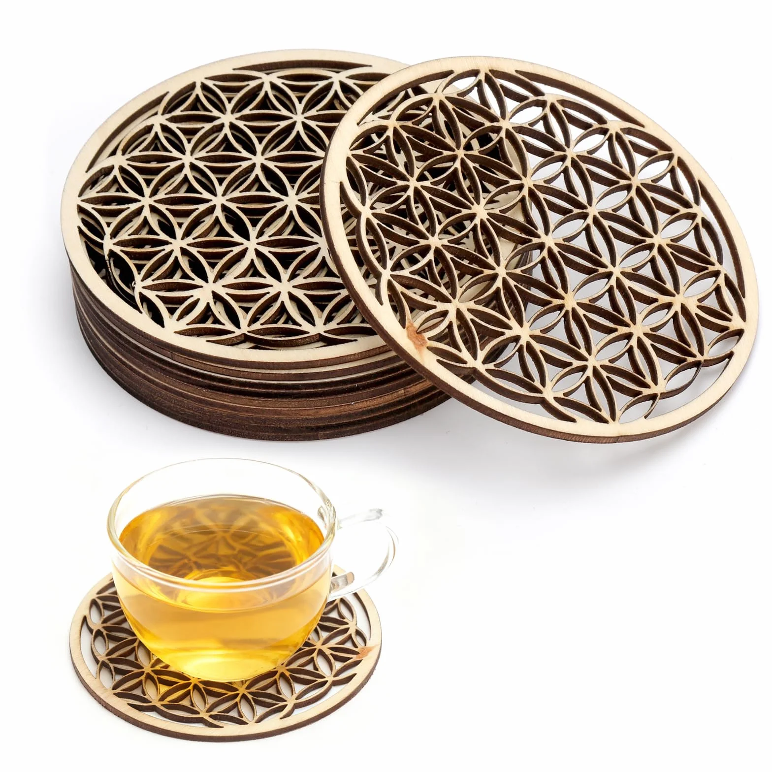 Flor de la Vida Posavasos Madera de Abedul 10 PCS Decoración de Pared para Meditación