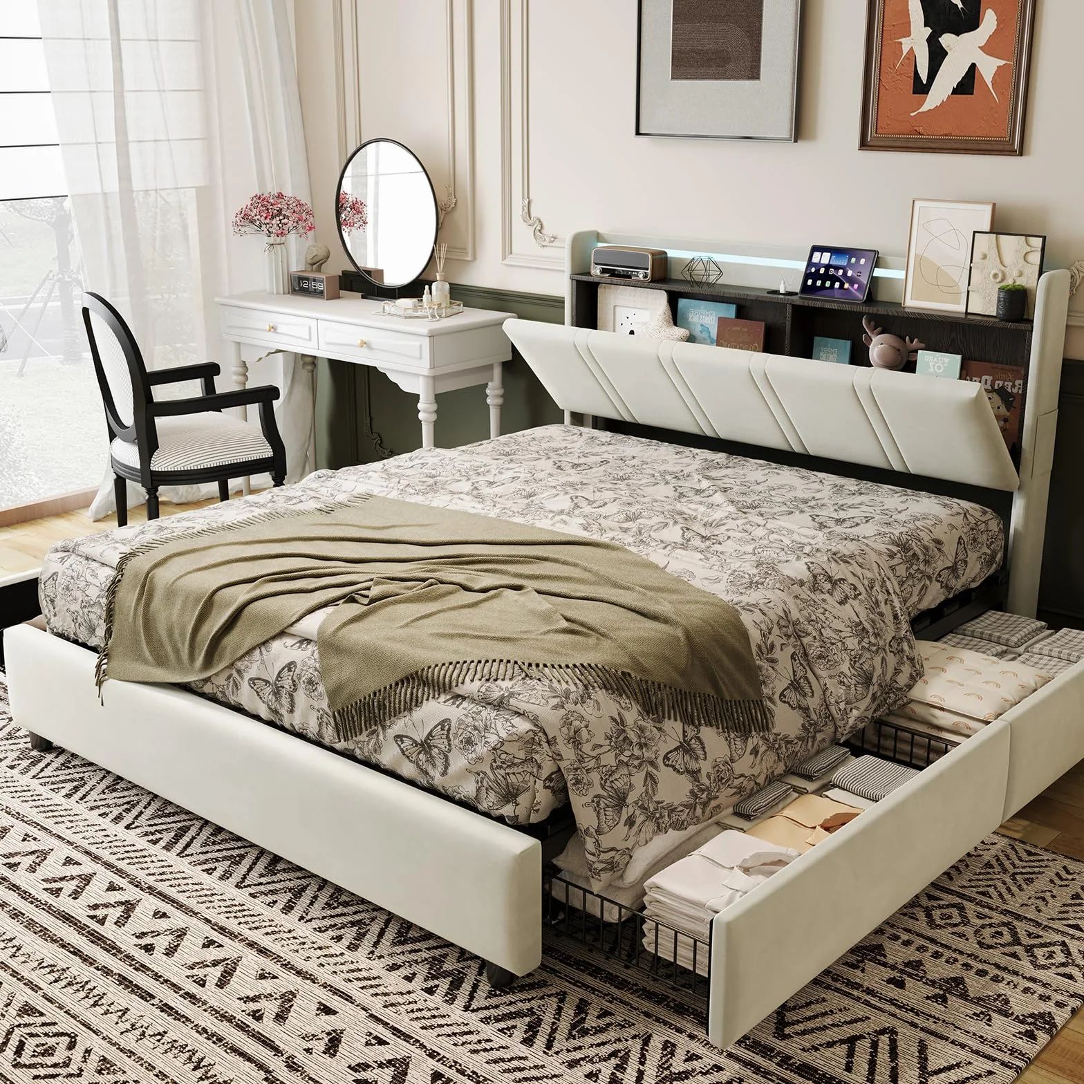 Cama de Matrimonio 160x200 cm con 4 Cajones, Cama Queen Size Tapizada con Luces LED, Puerto Type-C y Cabecero Moderno, Estructura de Cama con Somier, Beige (Sin Colchón)