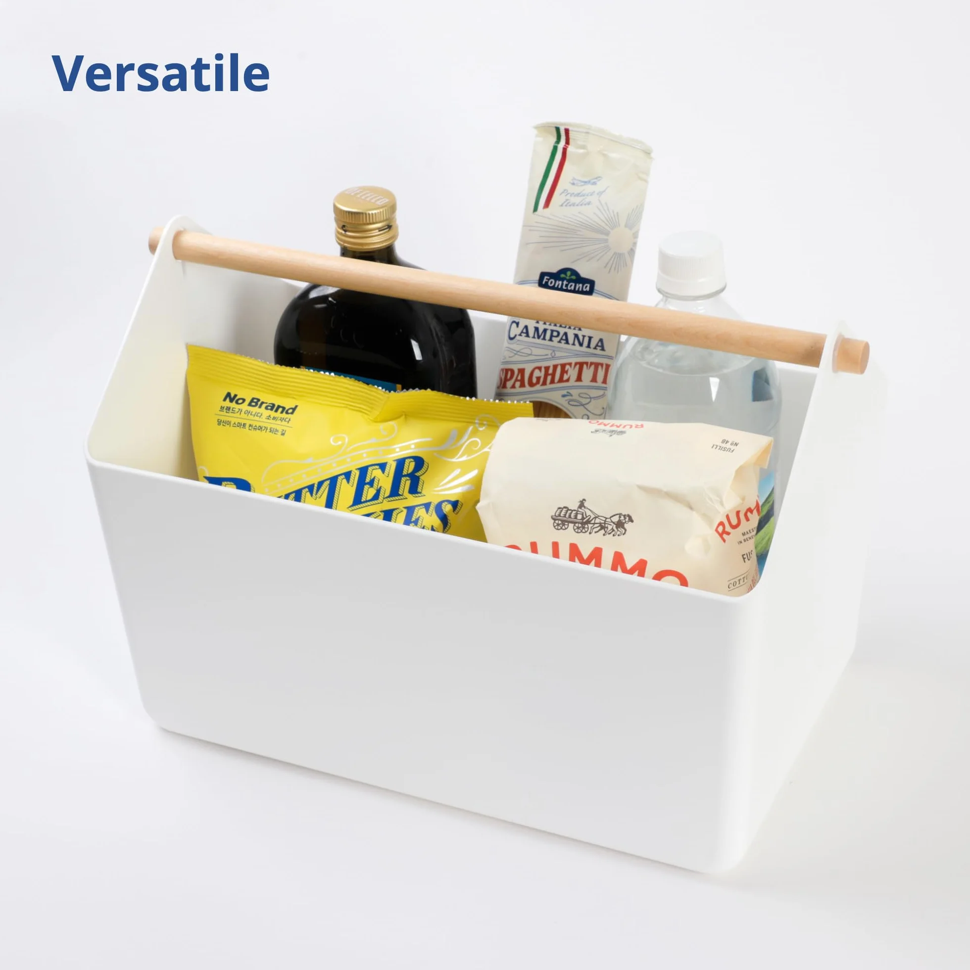 BLUE GINKGO Cesta de almacenamiento grande - Organizador de plástico con mango de madera para baño, despensa o suministros de limpieza (blanco)