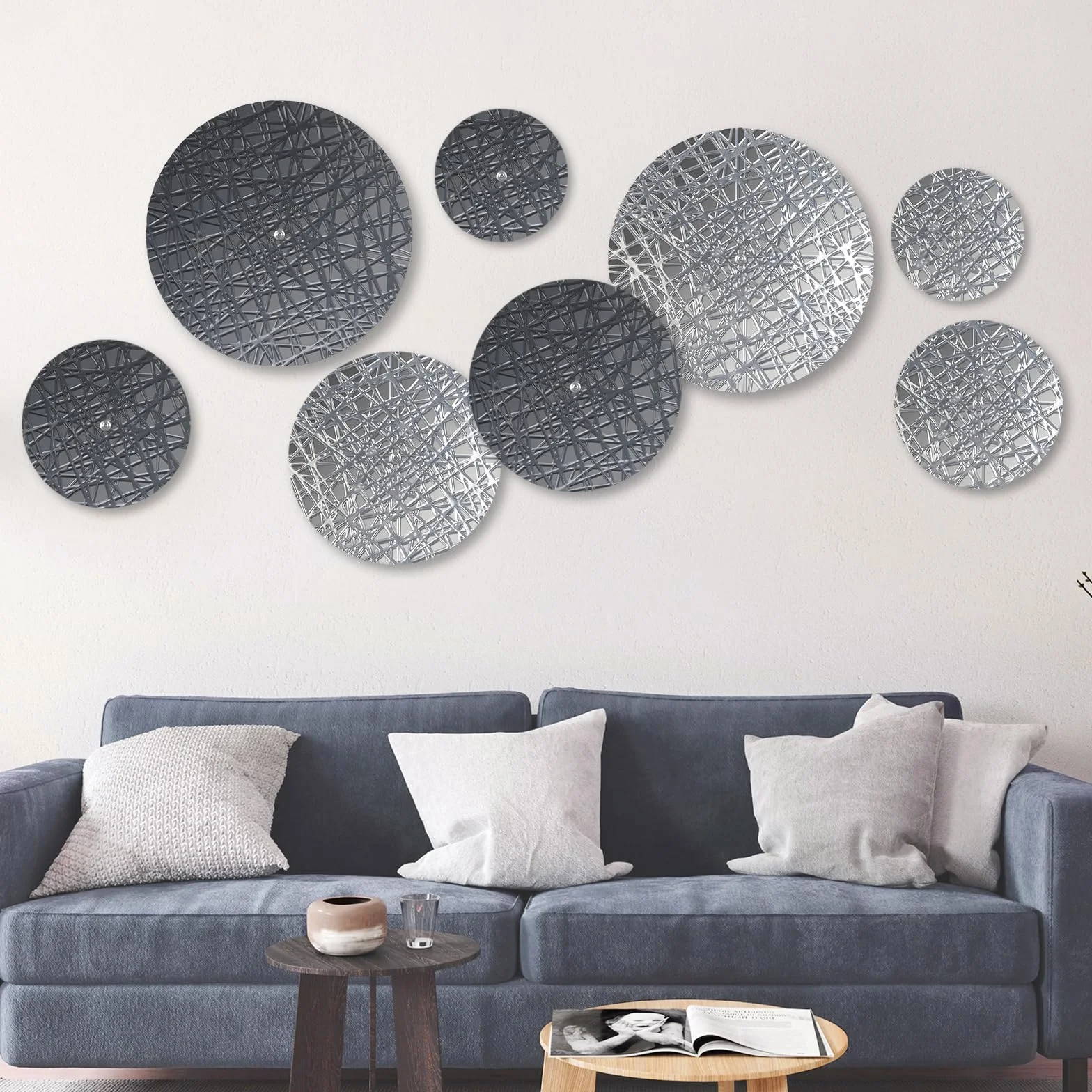 DETENE pared redonda metal Decoración,pared boho Metal redondo | 8 piezas con 4 tamaños, plateado y azul, esculturas colgantes modernas para salón, oficina, apartamento, baño