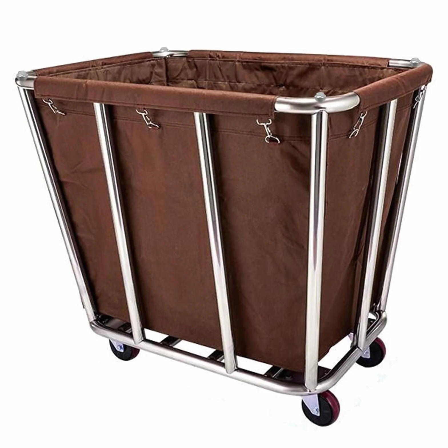 Carrito de Lavandería con Ruedas, Cesta Industrial de 400L, Estructura de Acero Inoxidable, 10 Tubos, para Lavandería de Hotel(Brown)