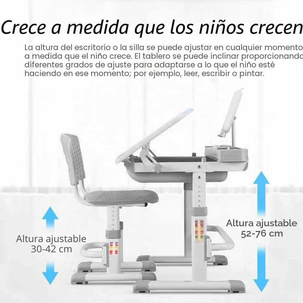 Yinleader Kids Juego de escritorio y silla ajustable con lámpara protección visual, soporte libros, escritorio basculante para escribir leer dibujar gris