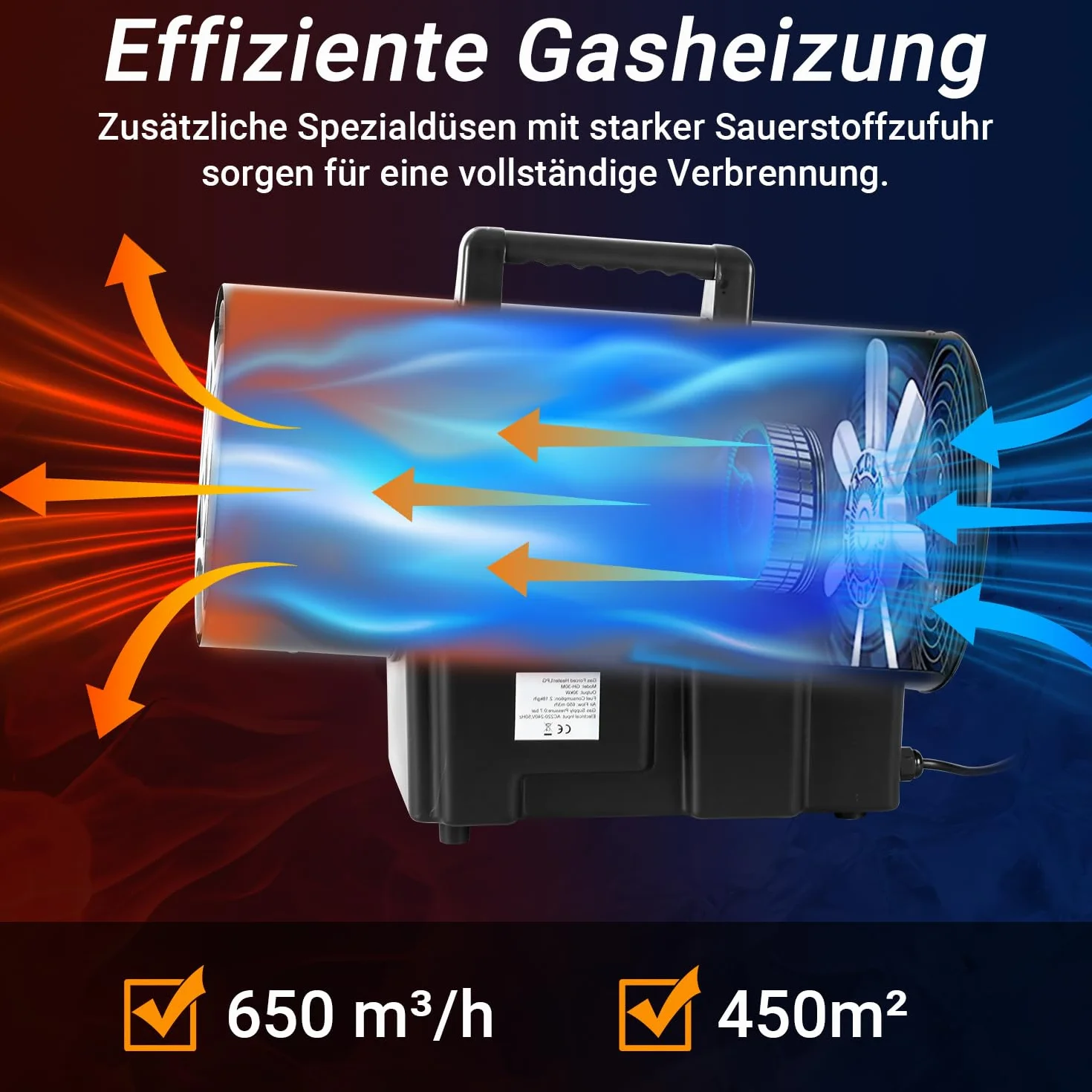 Calefactor de gas de 30 kW con manguera de conexión y regulador de presión de gas de 700 mbar, superficie efectiva: 450 m², para obras, almacenes ventilados, garajes, etc