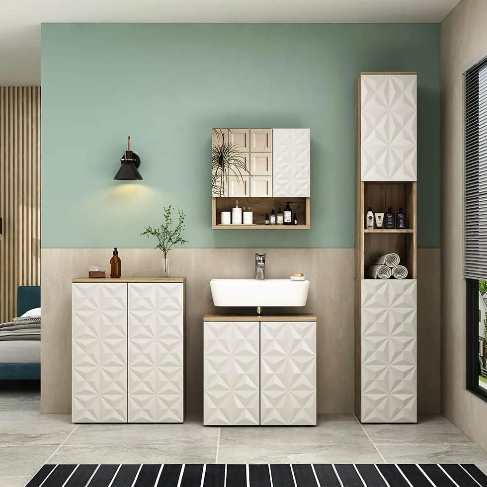 Vicco Armario con Espejo para baño Edge, Blanco, 54 x 55 cm con Puerta y Compartimentos Abiertos, para Almacenamiento en baño con Mecanismo Push-to-Open