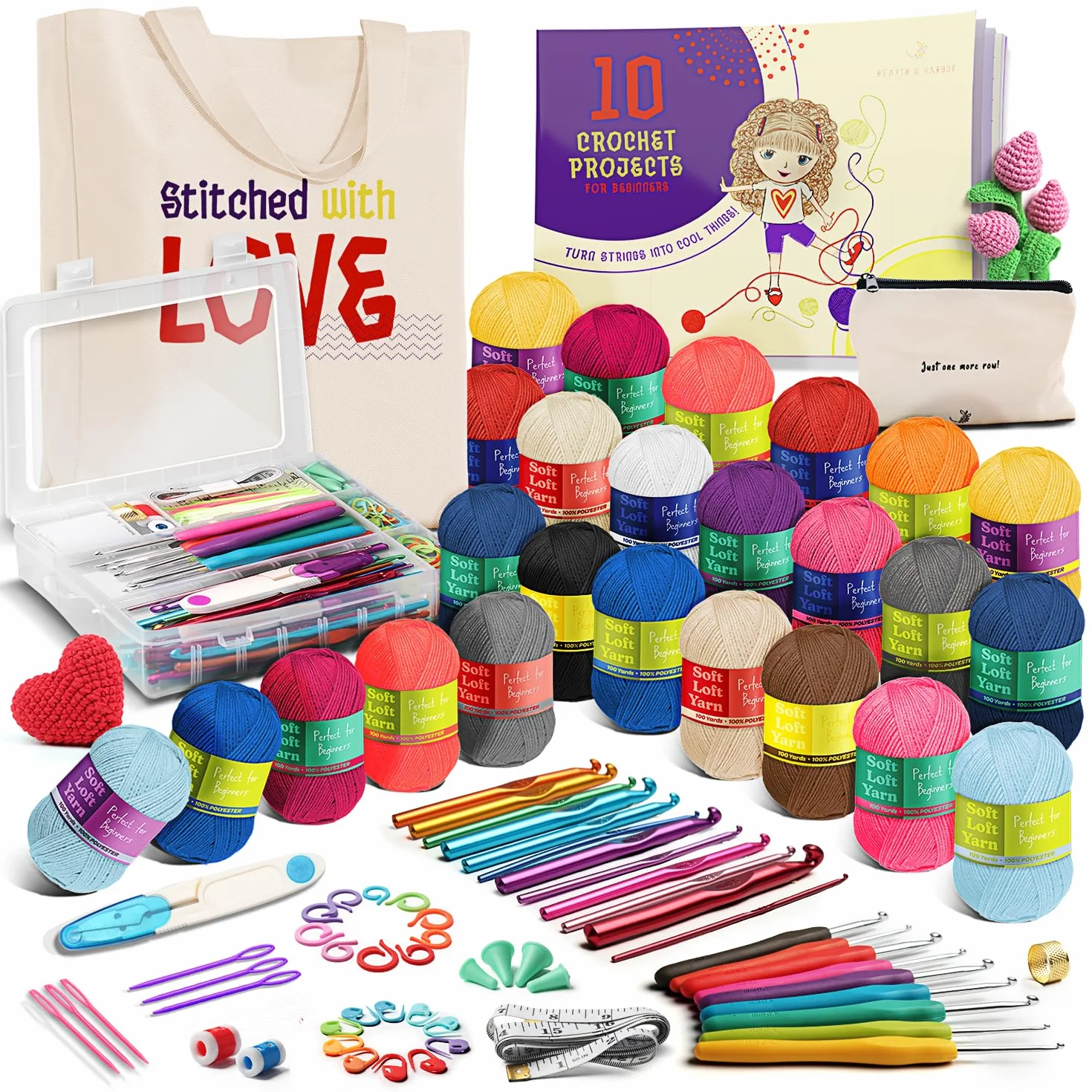 Kit para aprender a hacer ganchillo para principiantes, adultos y niños, juego de 80 piezas con guía paso a paso y libro de proyectos, kit de inicio de ganchillo con hilo y ganchos