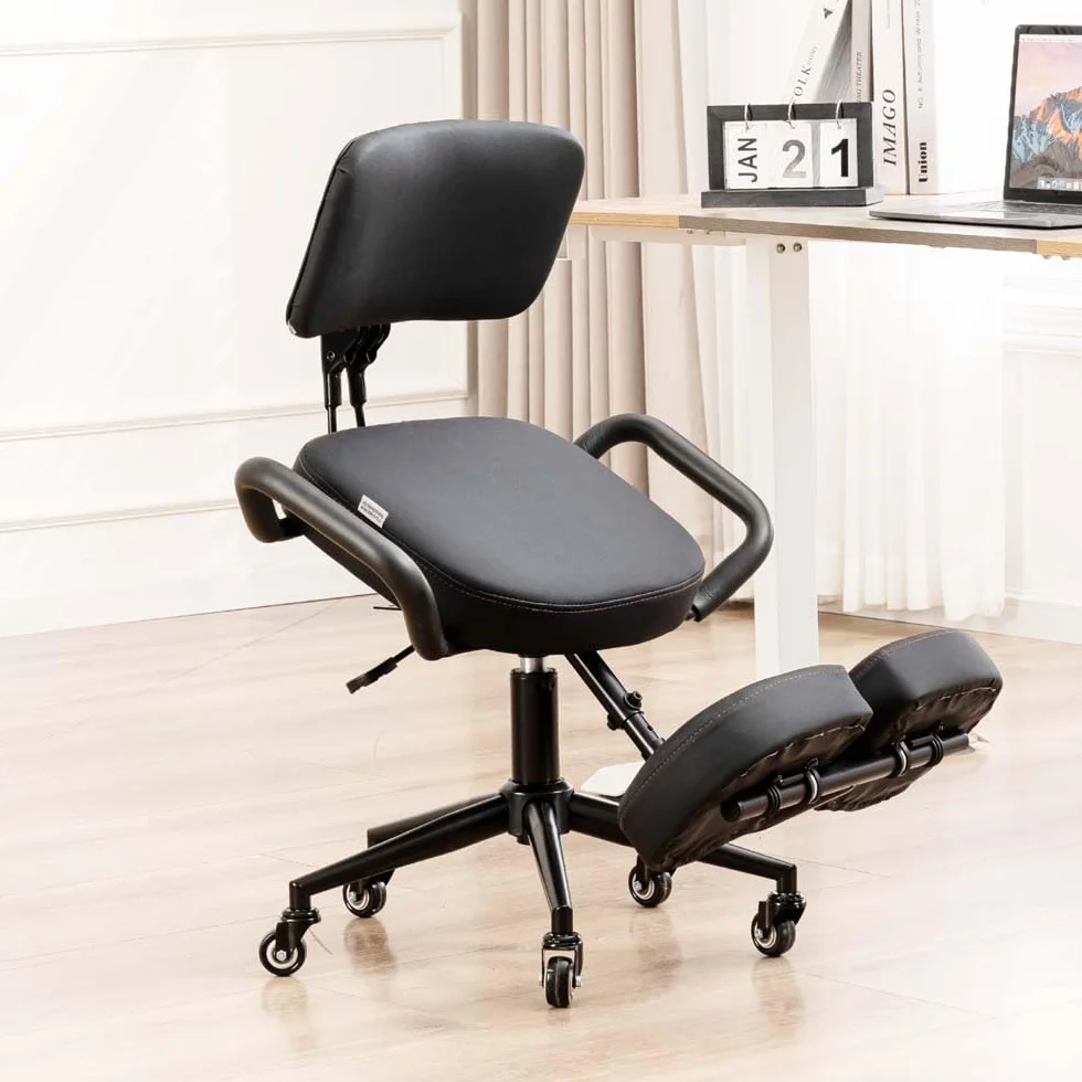 Silla de escritorio de rodillas para oficina con soporte de espalda, altura y ángulo ajustables, postura vertical sentada, cojines gruesos y cómodos, color negro, YDM-1458-2CF