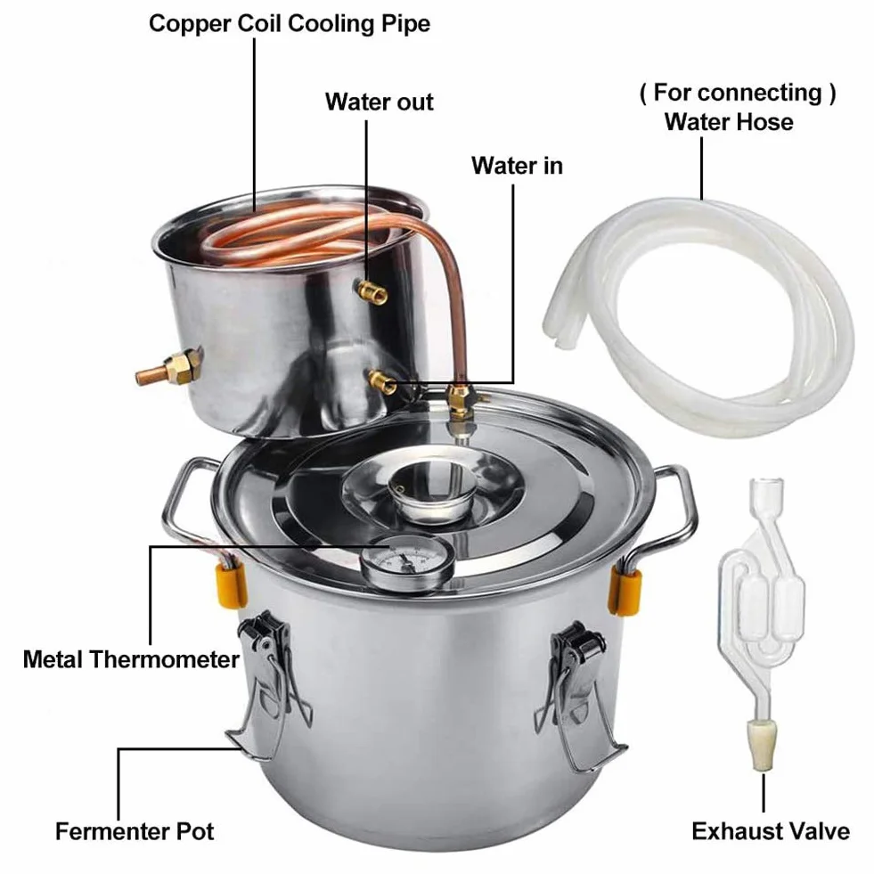 JIXIN Alambique, 3Gal 12L Destilador De Alcohol Moonshine Todavía Termómetro Incorporado Kits De Destilación Caldera Kit De Elaboración Casera De Acero Inoxidable (3Gal / 12L)