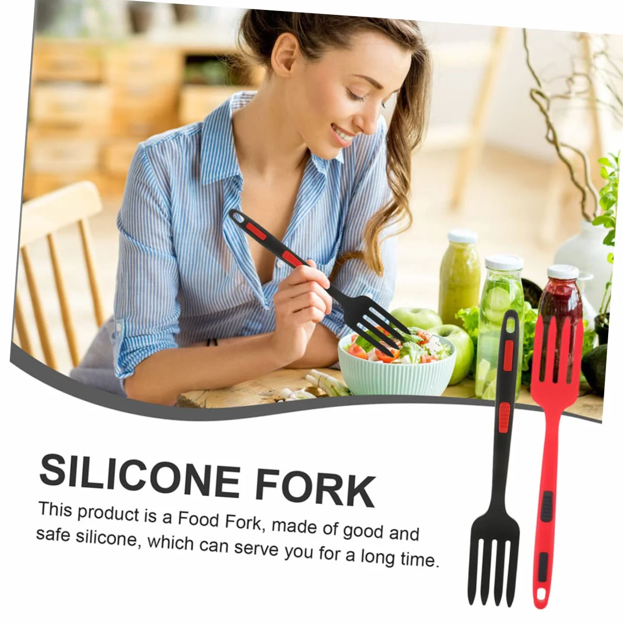 Zerodeko 2 piezas Tenedor de Silicona Reutilizable para Ensaladas Utensilio de Cocina Negro y Rojo