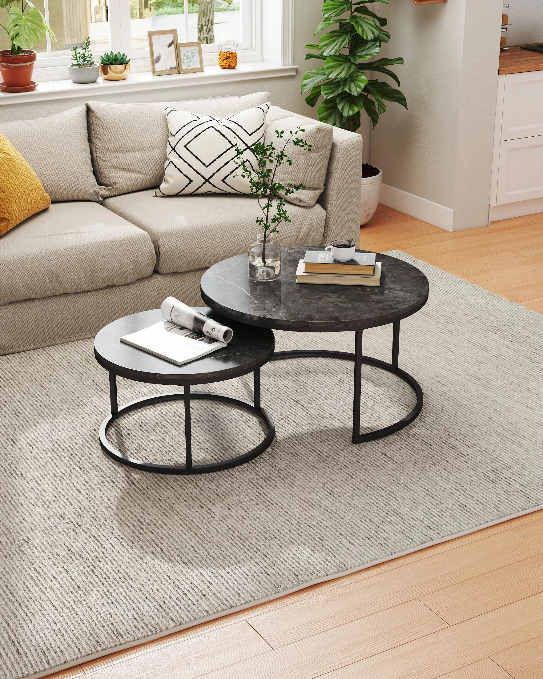 Mesa de Centro Redonda Moderna 2 Piezas 80+60 cm, Mesas Auxiliares para Salón Efecto Mármol Gris y Estructura Metálica Gris Mesa Centro Salon Elegante para Muebles de Salón