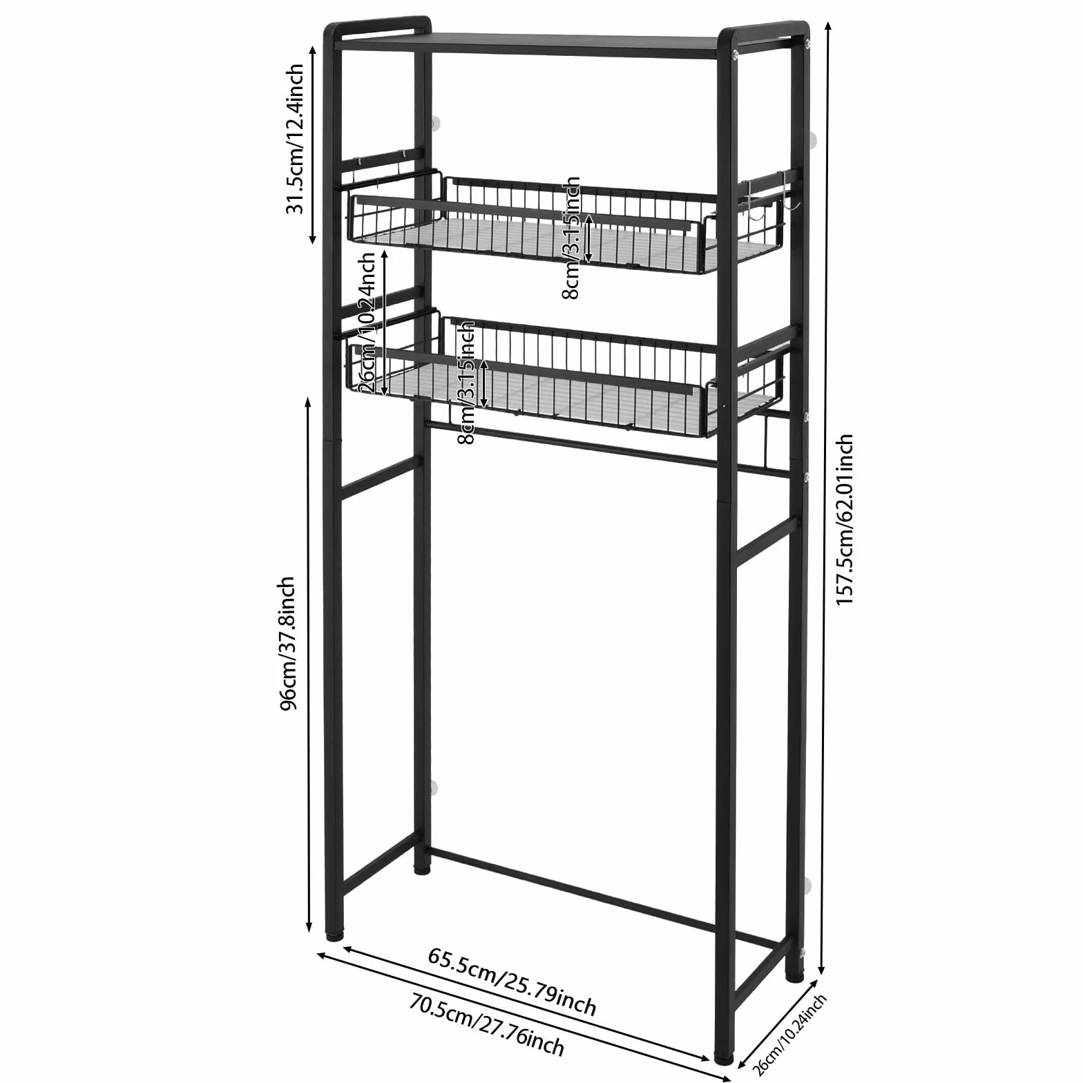 Estantería para lavadora de 3 niveles, color negro, estantería de baño, dos cestas de almacenamiento, con ganchos, ahorra espacio, reposapiés antideslizantes, 70,5 x 26 x 157,5 cm