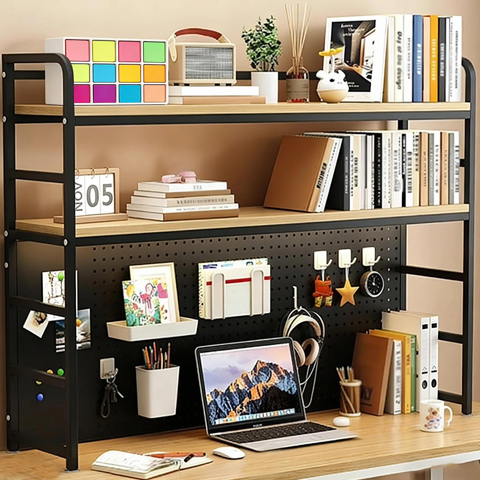 Estante de escritorio 3 estantes, estante ajustable organizador estantería de escritorio para escritorio de la computadora, de madera y metal para la oficina casa estudio dormitorio (A, 90cm)