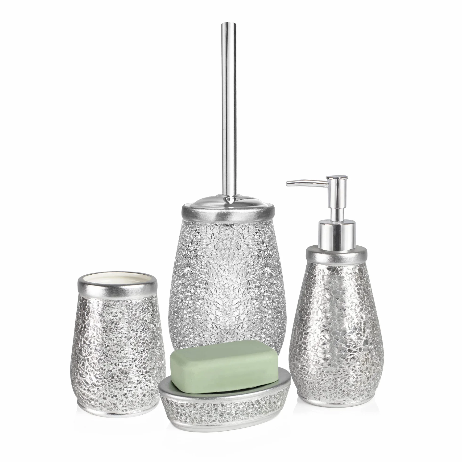Vaso Cepillo Dientes Baño Serie Trencadis Plata Resina Cristal 8 cm x 12 cm