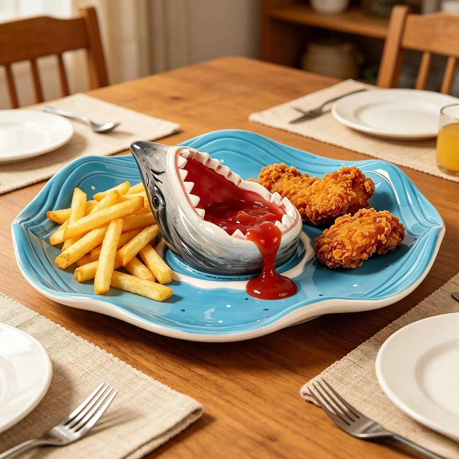Fuente de Tiburón para Servir Plato de Cerámica Pintado a Mano para | Plato temático océanos para Charcutería, Pescado, Mariscos, Gambas, Salsa, Taco, Pulpo,
