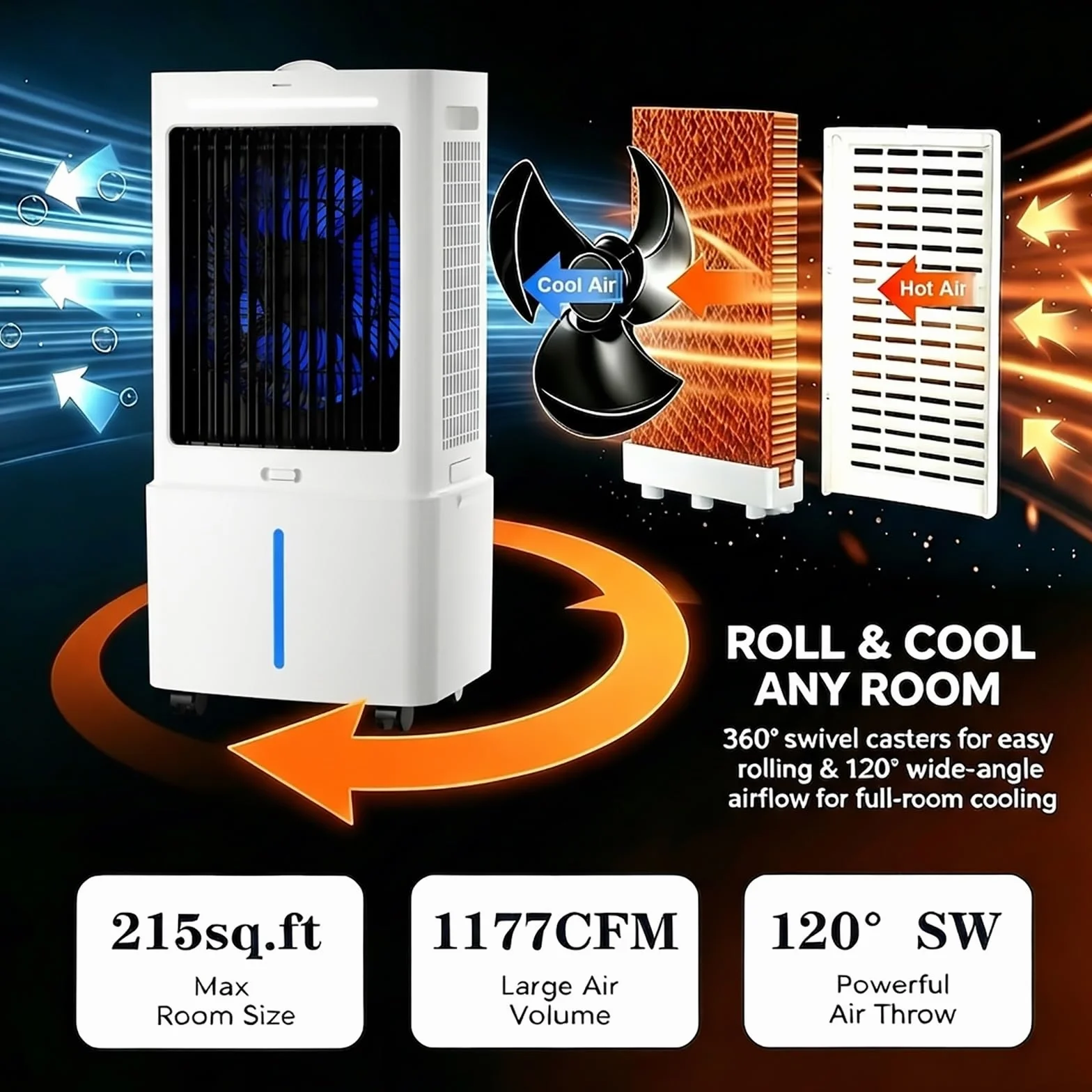 Aire Acondicionado Portátil sin Ventana, Enfriador de Aire 3 en 1 con Tanque de Agua de 6.6 Gal, Control Remoto, 3 Velocidades, Temporizador de 12 Horas, Bolsas de Hielo, para Hogar y Oficina