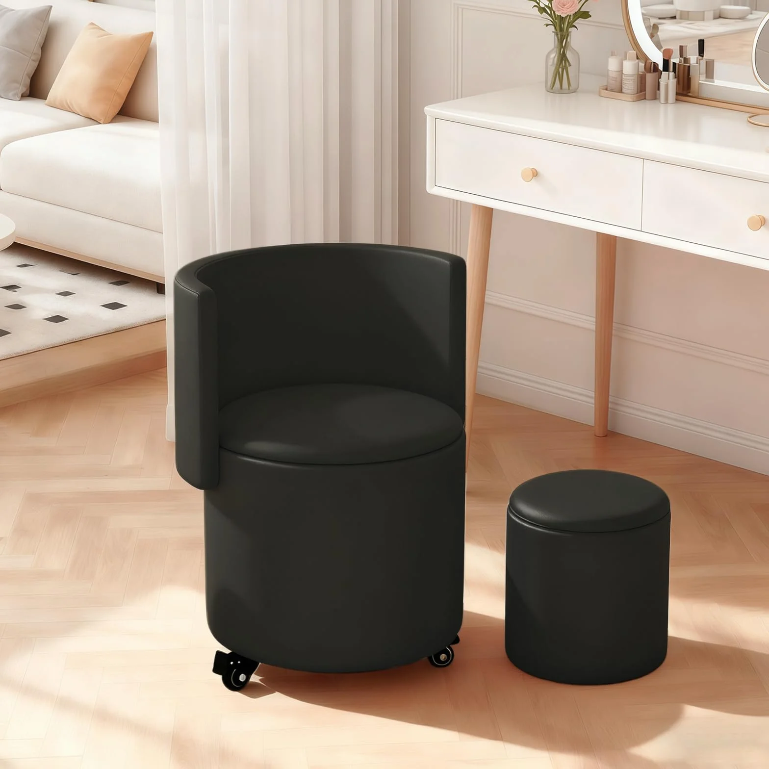 Otomano Redondo de Almacenamiento, Taburete con Almacenamiento Y Reposapiés Plegable para Sala de Maquillaje, Sala de Estar, Dormitorio