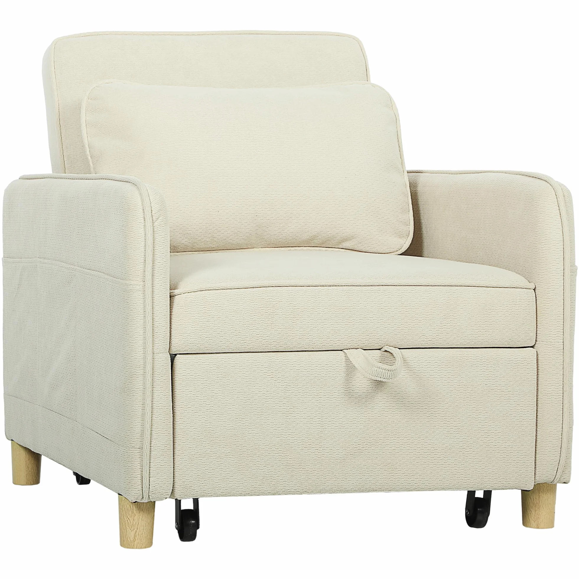 HOMCOM Sofá Cama de 1 Plaza 3 en 1, Sofá Cama Plegable Tapizado en Terciopelo Ecológico con Respaldo Ajustable 3 Niveles, 6 Bolsillos Laterales y Almohada, para Dormitorio, Salón, 74x85,5x82 cm, Beige