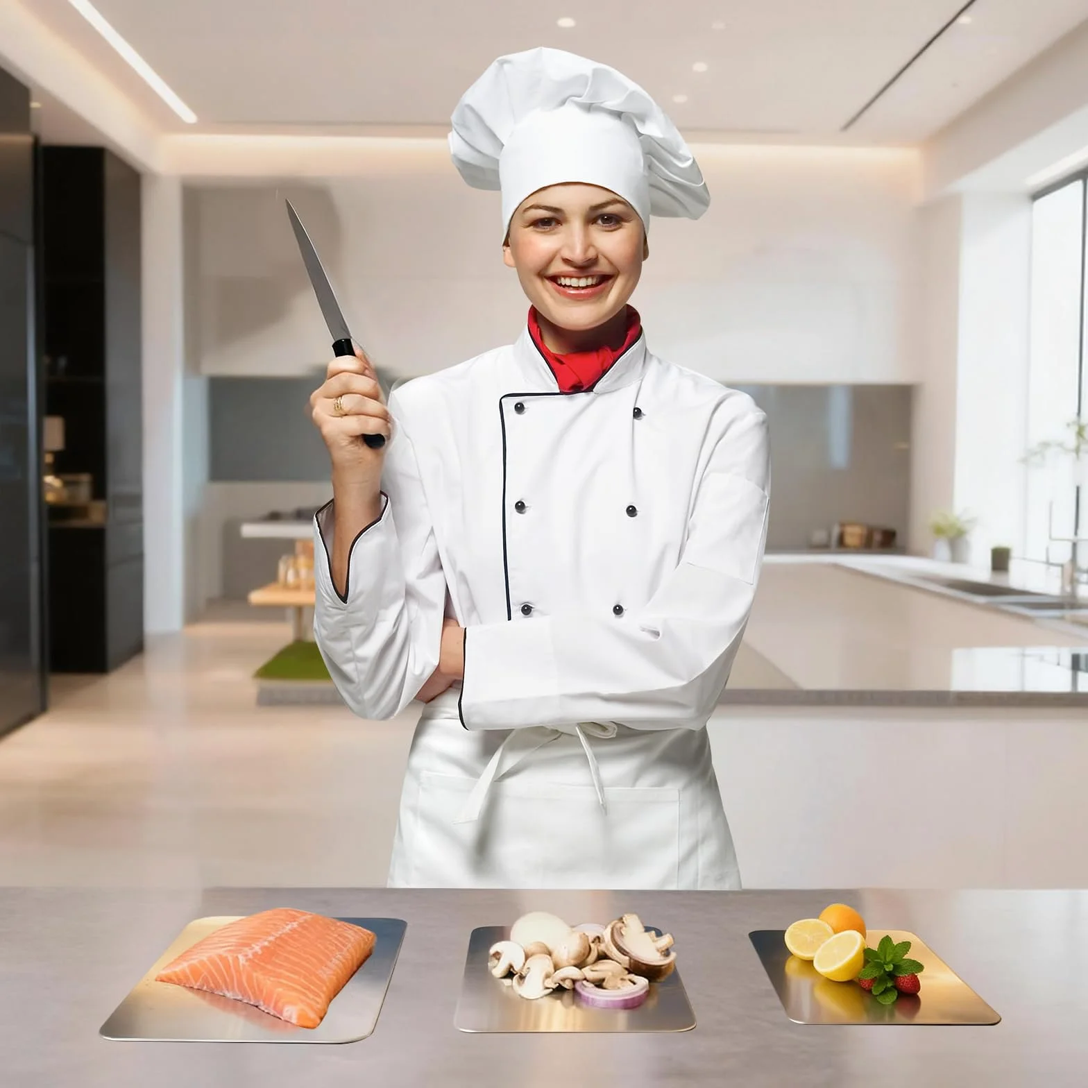 Tabla de Cortar de Acero Inoxidable Grado Alimenticio Doble Cara Titanio para Cocina Multifunción