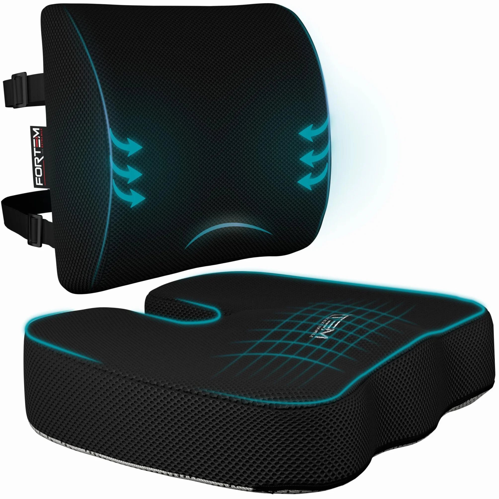 FORTEM Pack Cojín Silla Oficina y Almohada Lumbar - Cojín para Silla Ordenador en Forma De U y Almohada Lumbar con Espuma Viscoelástica para Asiento Coche, Gaming, Trabajo - Fundas Lavables
