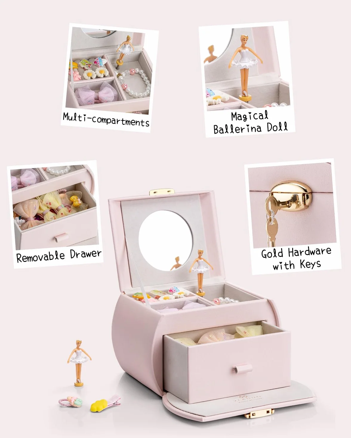 Vlando Joyero musical con bailarina giratoria, estuche de joyería con cerradura para niños, pulsera, anillo, collar, regalo para niños