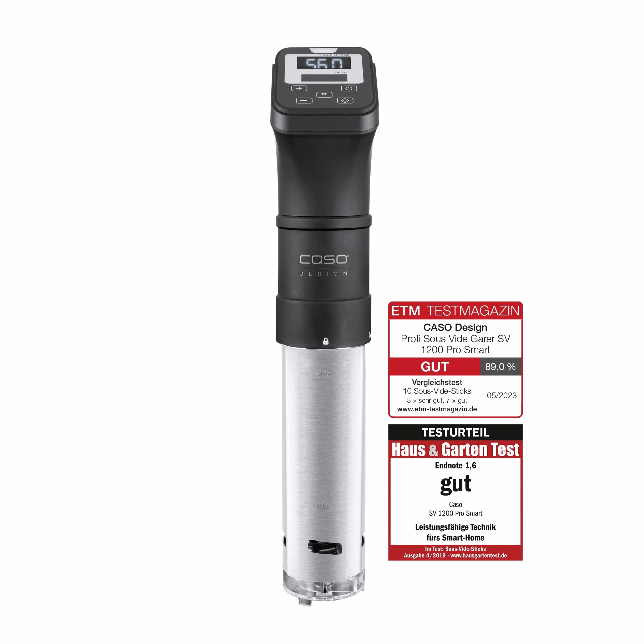 Caso 1327 SV 1200 Pro Smart. Regulación precisa de la temperatura hasta 90 °C en incrementos de 0,5 °C. Totalmente resistente al agua, 18/8, 30 litros, acero inoxidable, color negro.