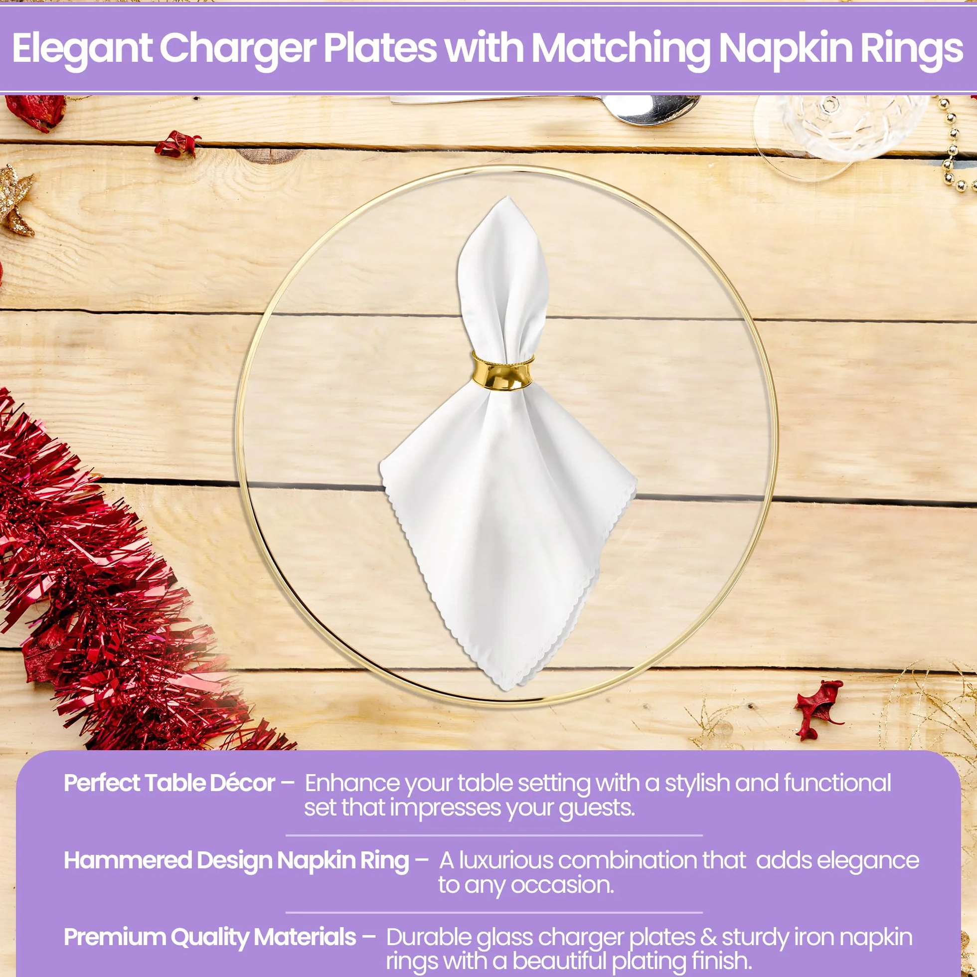 Juego de platos y servilleteros dorados – 50 elegantes platos de acrílico de 33 cm con borde dorado y 50 servilleteros martillados – Decoración de mesa de comedor para bodas, fiestas y eventos