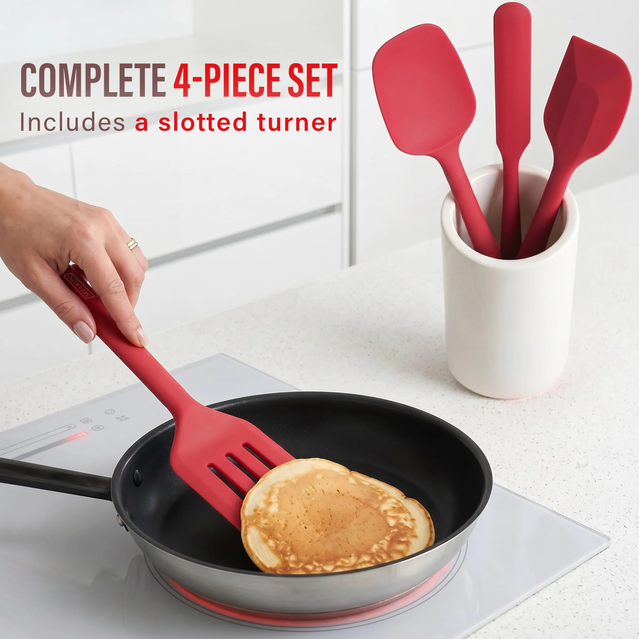 MASUS Juego de 4 espátulas de silicona de goma con un volteador para sartenes antiadherentes, juego de espátulas de goma resistentes al calor 315.6 °C para hornear, espátula de plástico para cocinar