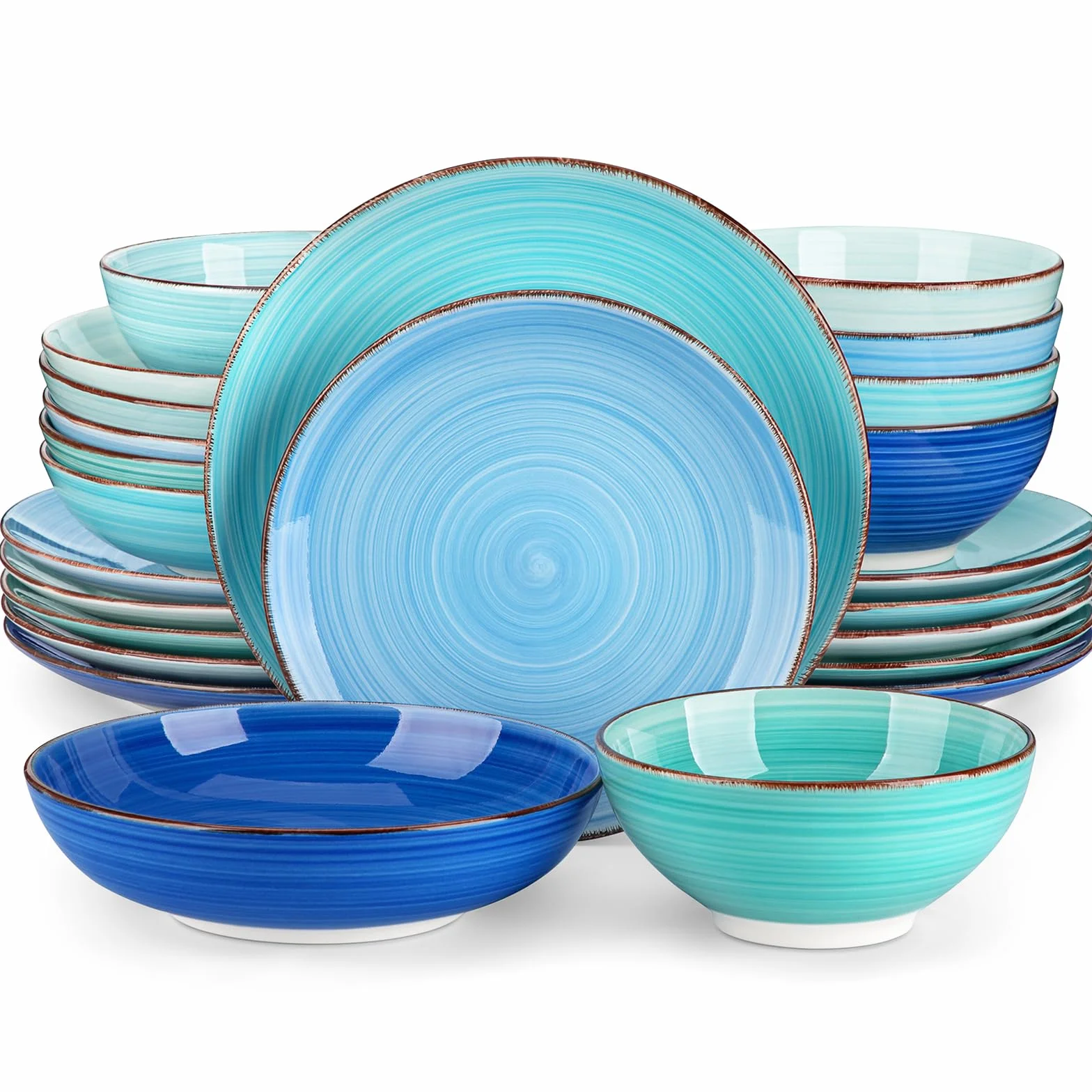 vancasso Serie Bonita Juego de Vajilla Completo 24 Piezas Pintados a Mano con 6 Platos Llanos, 6 Platos de Postre, 6 Cuencos para Pasta y 6 Cuencos de Cereales, Vajilla Azul Colores para 6 Personas