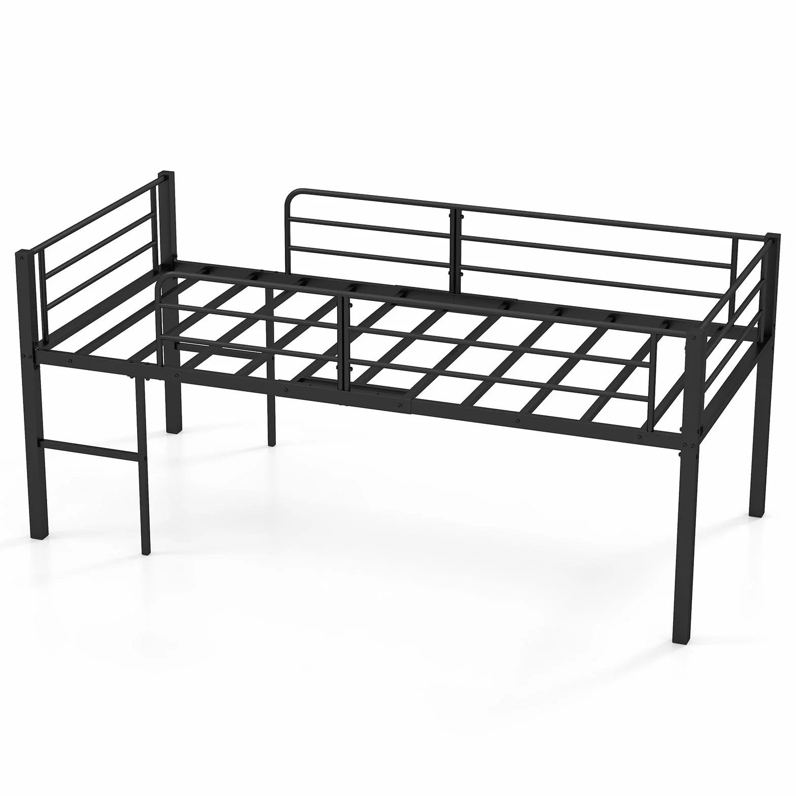 COSTWAY Cama Individual Somier, Estructura Metálica con Barandillas de Seguridad y 2 Escaleras, Listones Metálicos Resistentes para Cama Altillo para Niños, Jóvenes, 198,5 x 96 x 88 cm (Negro)
