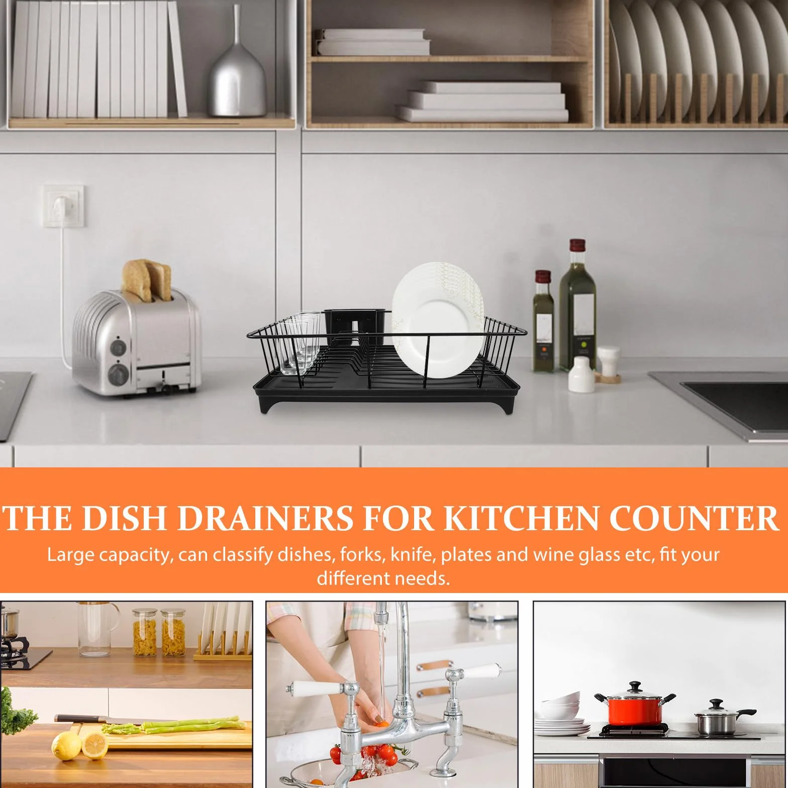 GALPADA Escurridor para Fregadero de Cocina de Gran Capacidad en Color Negro Rejilla para Secar Platos y Soporte para Cubiertos Resistente y Duradero